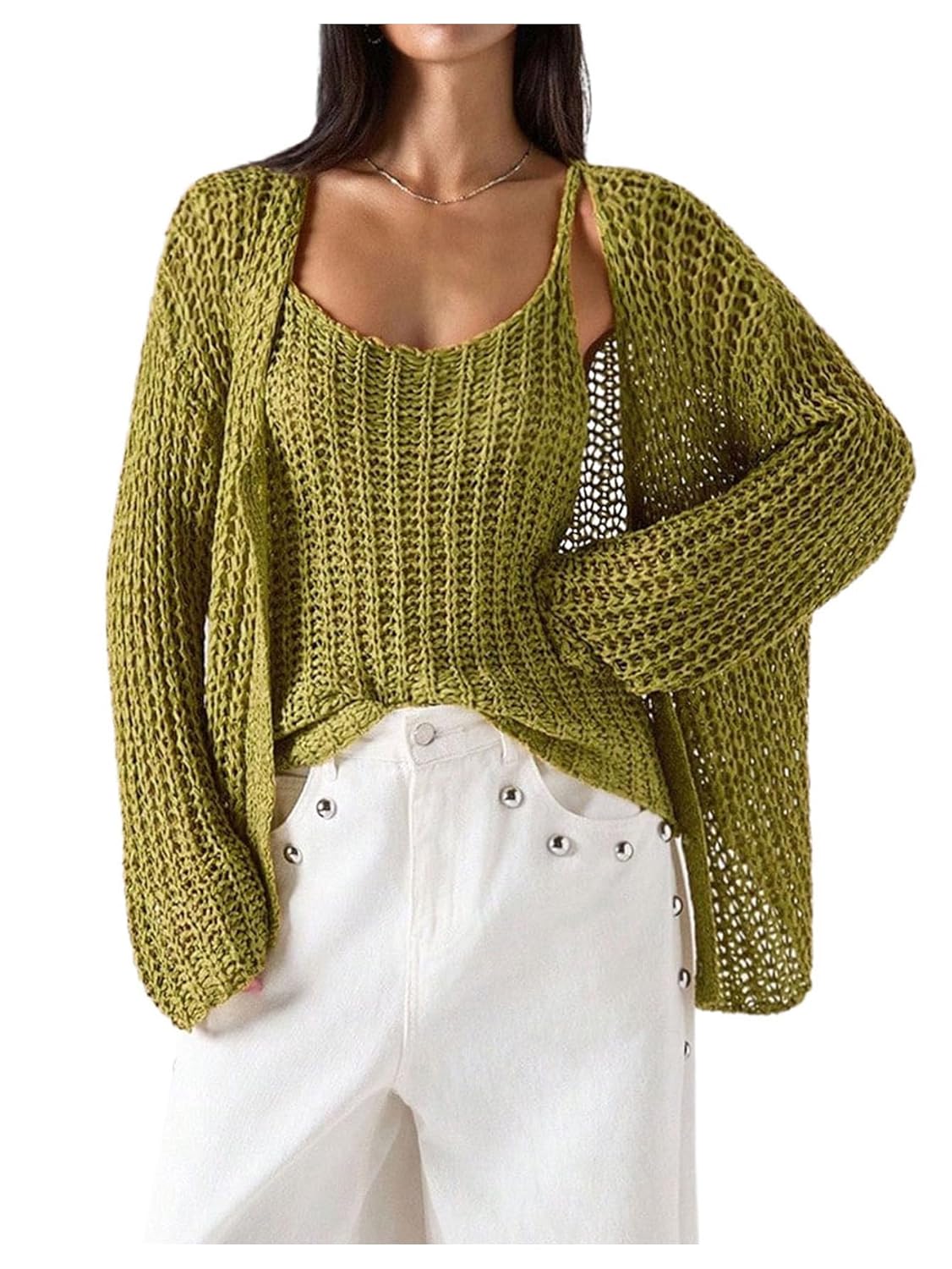 Milumia Womens Crochet Button Up Cardigan Sweater Y2k Hollow Out V Neck Long Sleeve Tops Knitwear
