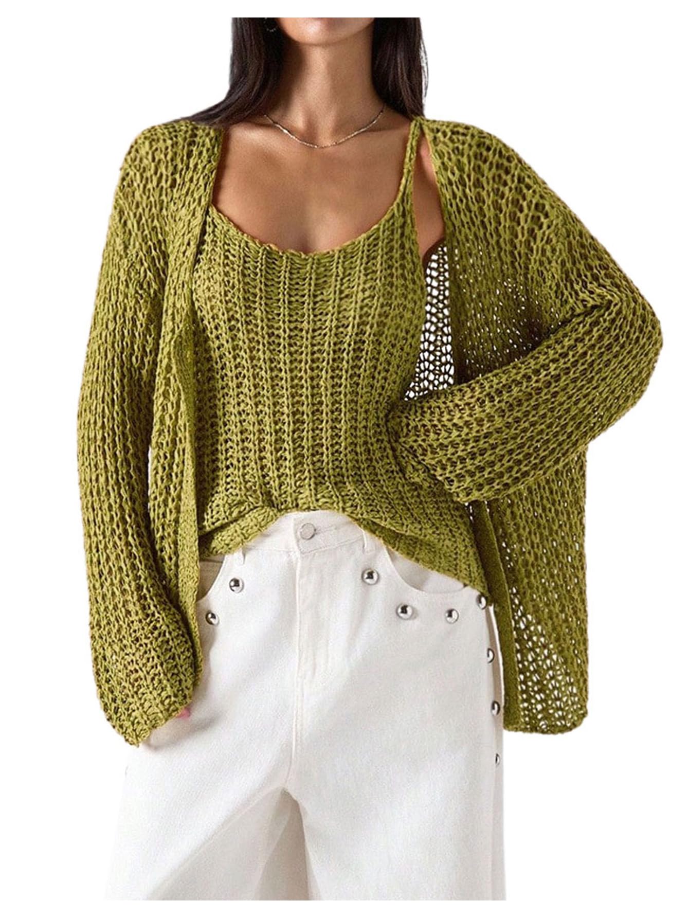 Milumia Womens Crochet Button Up Cardigan Sweater Y2k Hollow Out V Neck Long Sleeve Tops Knitwear
