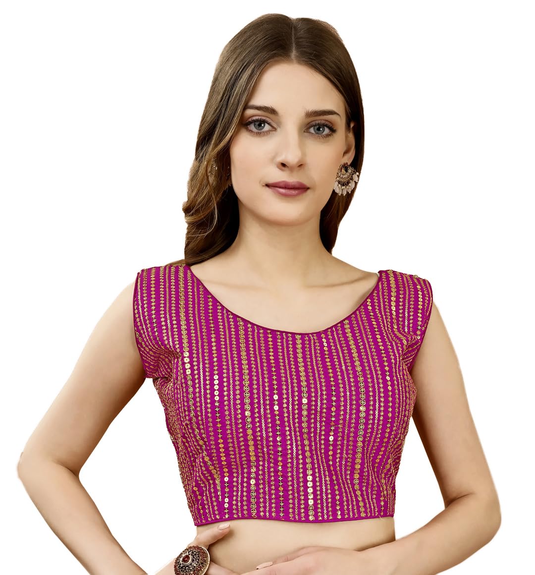 Pujia Mills Women's Sequin Embroidered U Neck Sleeveless Readymade Saree Blouse Indian Ethnic Designer Stitched Women's Pink Blouse For Women