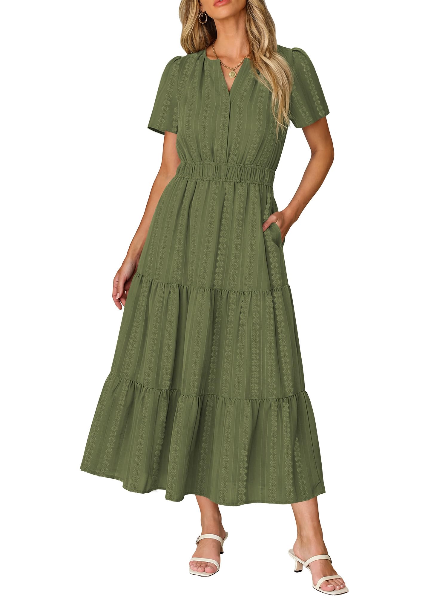RUMIA Women Casual Midi Maxi Dresses Short Sleeve V Neck Elastic Waist Vacation Dress Pockets（S-2XL — view 13