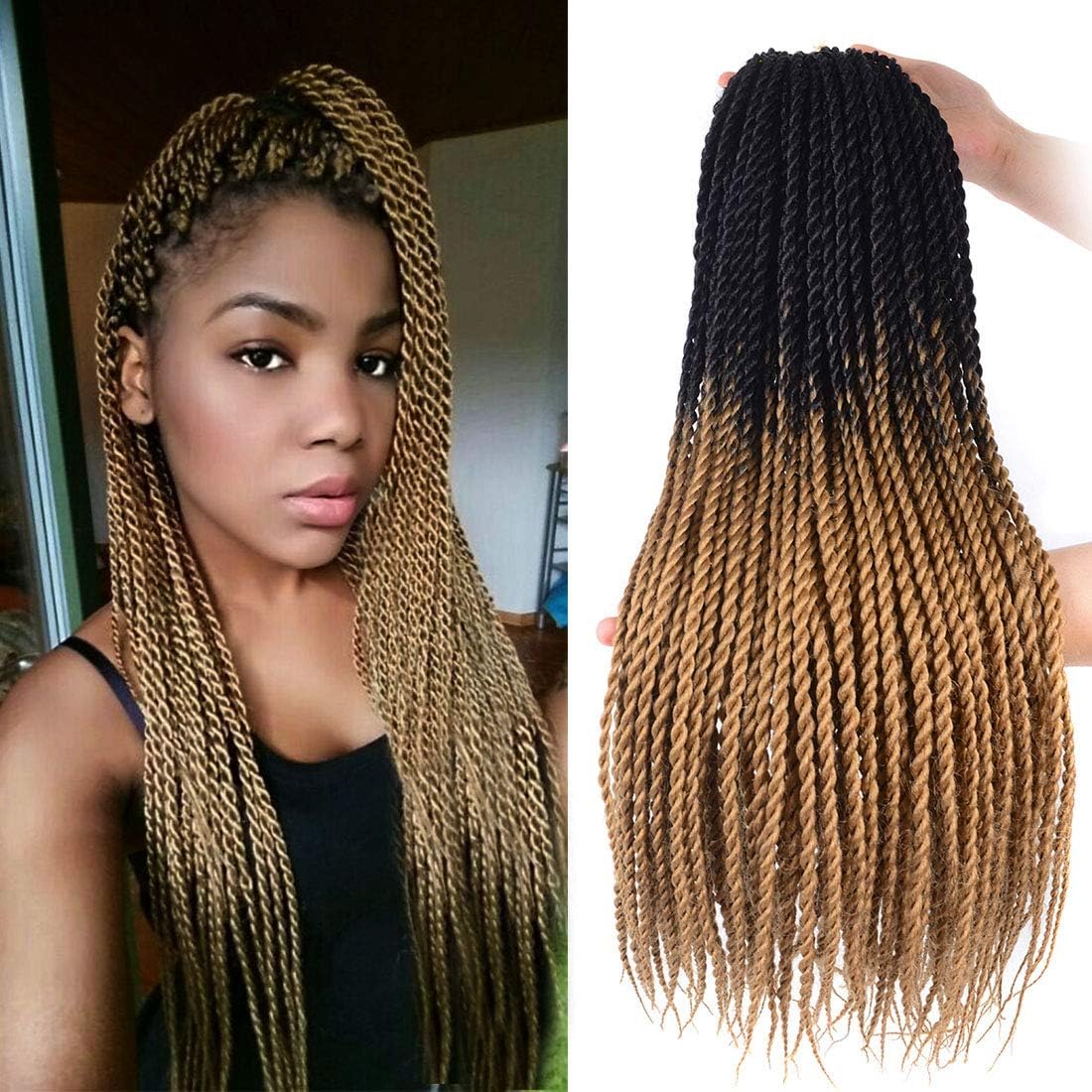 Ameng Twist Crochet Hair Extensions, Ombre Crochet Braids Senegalese Twist Hair 5Packs Twist Crochet Braiding Hair(24"Black-Light Brown)