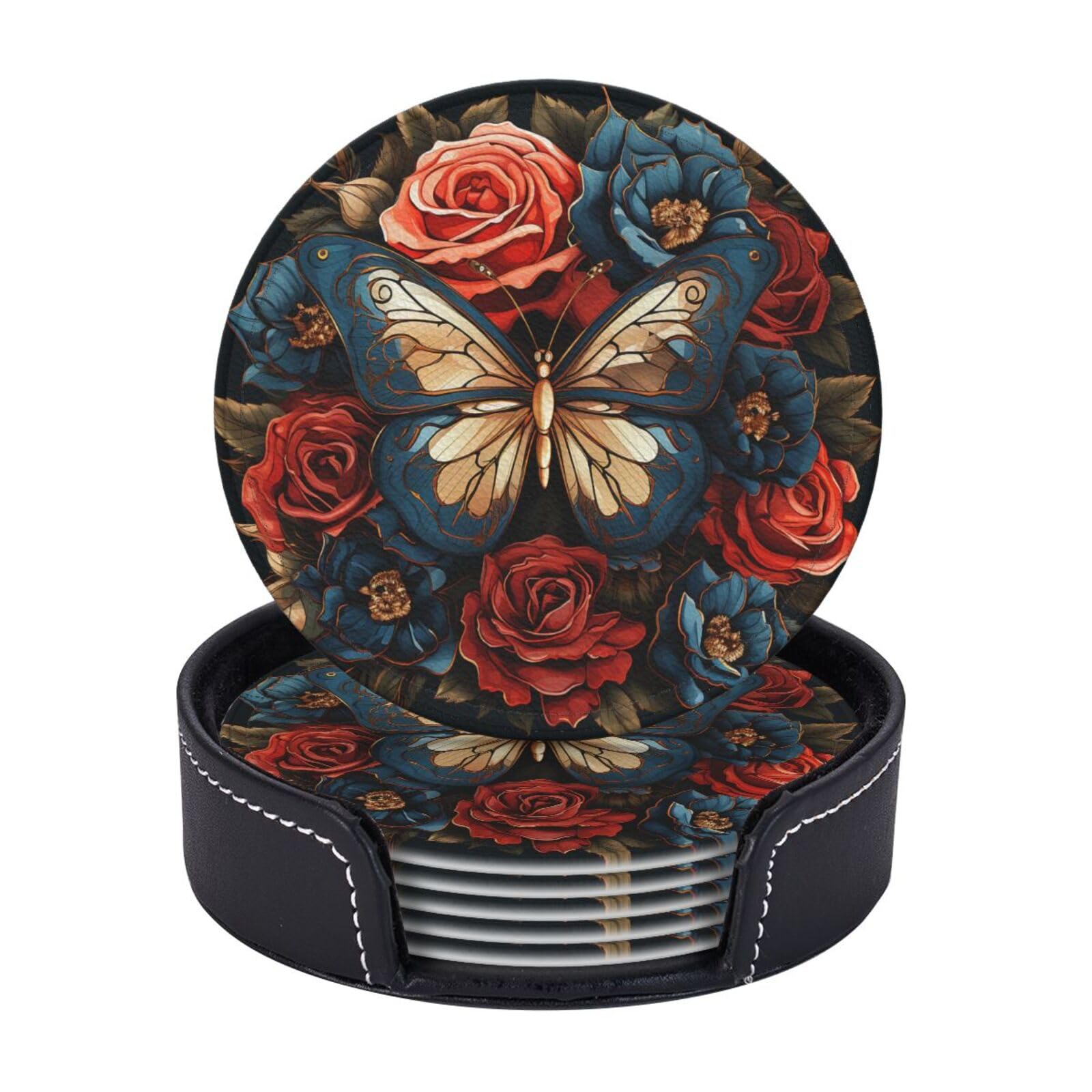 6PCS Drink Coasters with Holder, 4" Leather Coasters for Drinks, Butterflies and Roses Cup Coasters for Coffee Table Decor, Non-Slip Drinking Cup Mat for Hot or Cold Drink