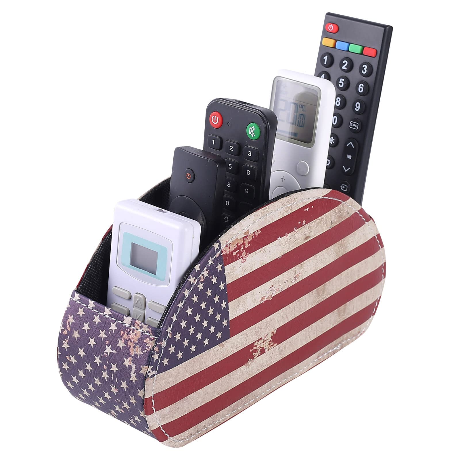 LINKWELLRemote Control Holder for Table, PU Leather Remote Organizer with 5 Compartments, Table Decor Storage Remote Control Caddy for TV, Office Supplies, Retro American Flag PH58