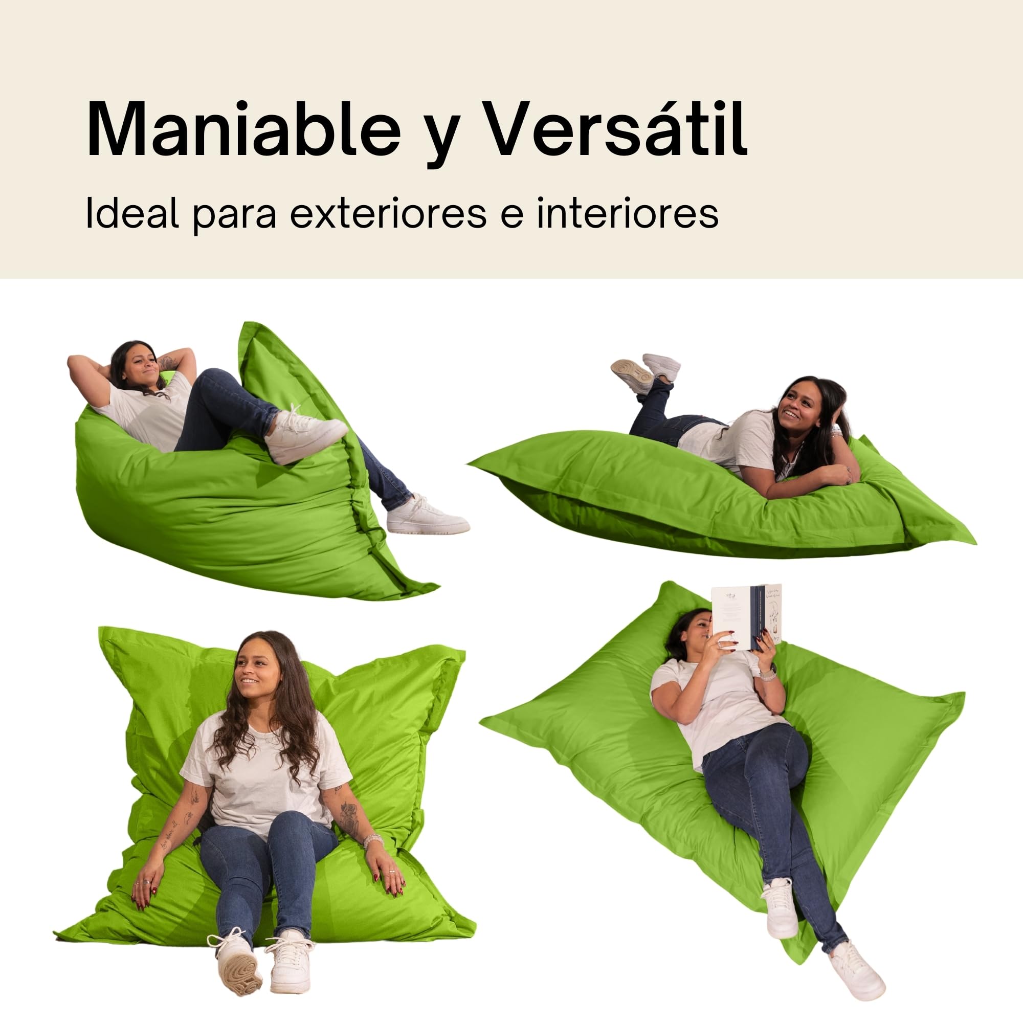 bananair - Puff Exterior Gigante con Relleno de Espuma Incluido - Tela Impermeable y Anti-UV - Cómodo y Versátil - Funda Lavable - Puff/Bean Bag XXL para Jardín (180 x 140 cm, Verde)