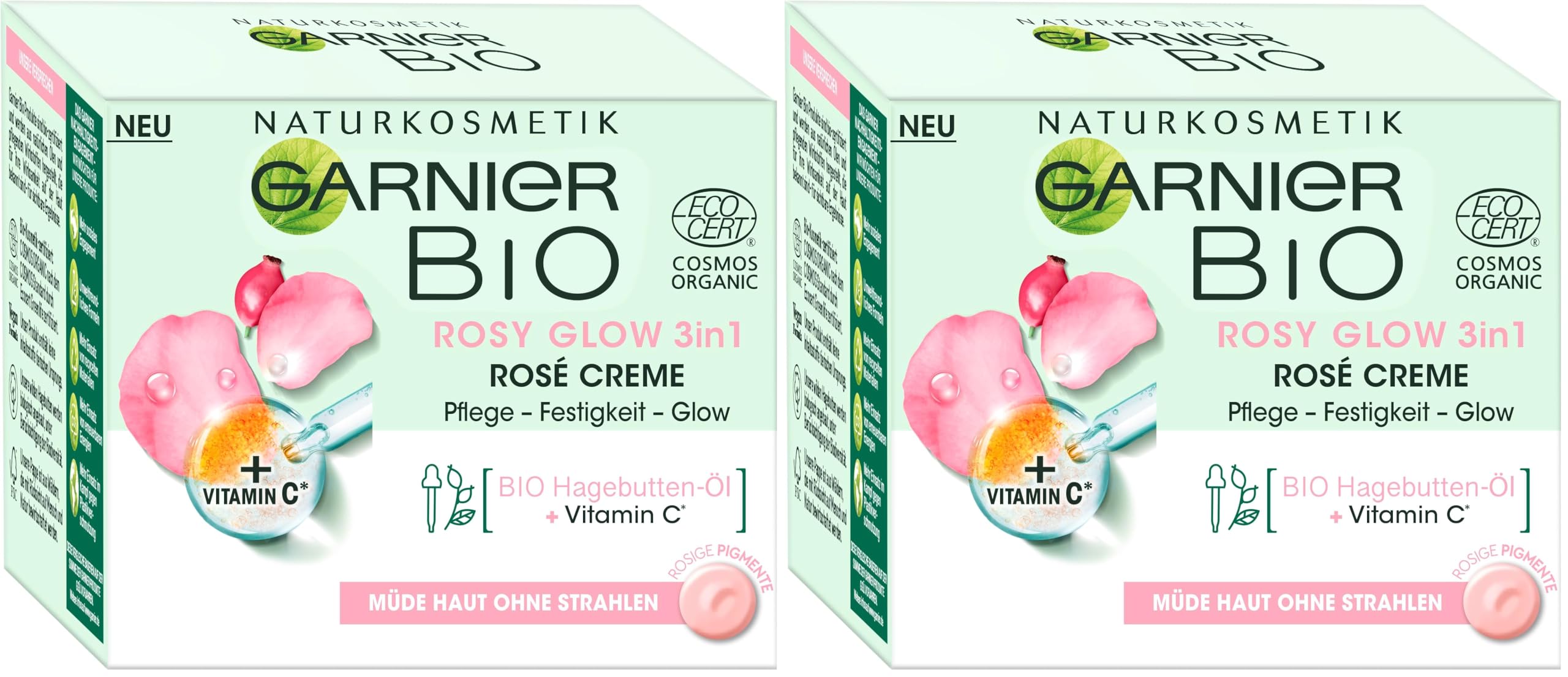 Garnier Gesichtscreme für müde Haut ohne Strahlen, Für einen jugendlichen Glow, Pflege und Festigkeit, Mit Bio-Hagebutten-Öl und Vitamin C, Garnier Bio Rosy Glow 3in1, 50 ml (Packung mit 2)