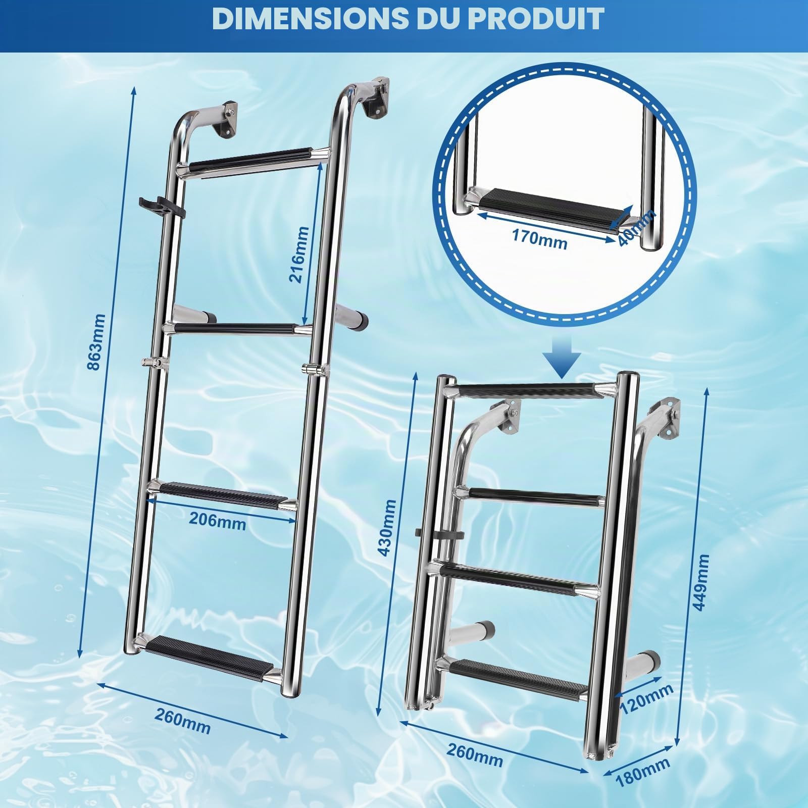 KAOLALI Echelle Piscine Hors Sol, Escabeau 4 Marches, Échelle de Bateau en Acier Inoxydable, Échelle De Natation Pliante pour Bateau, Yacht, Piscine, Pont