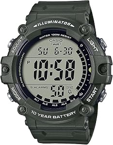 Casio Illuminator 10-Year Battery Extra Long Strap 100 M Water Resistance 5-Alarm w/Countdown Timer Men's Digital Watch, Green, AE-1500WHX-3AVCF, Green, Sport