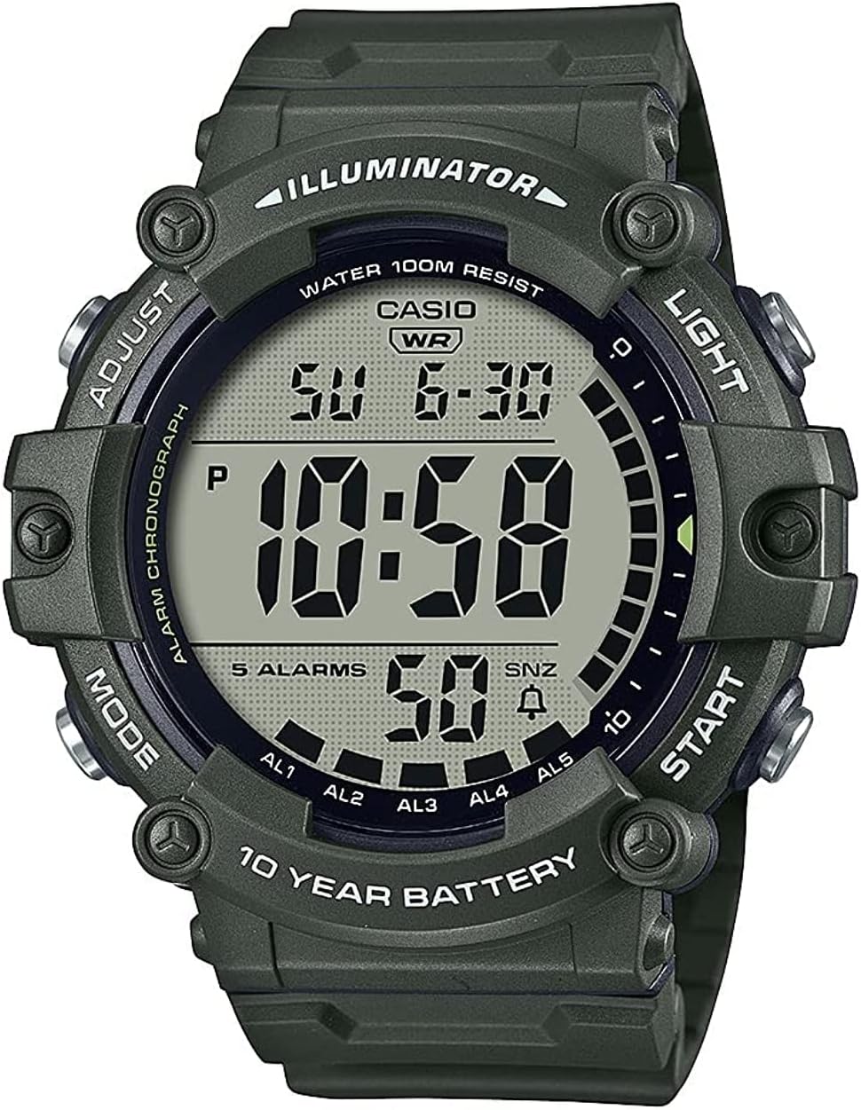 Illuminator 10-Year Battery Extra Long Strap 100 M Water Resistance 5-Alarm w/Countdown Timer Men's Digital Watch, Green, AE-1500WHX-3AVCF, Green, Sport