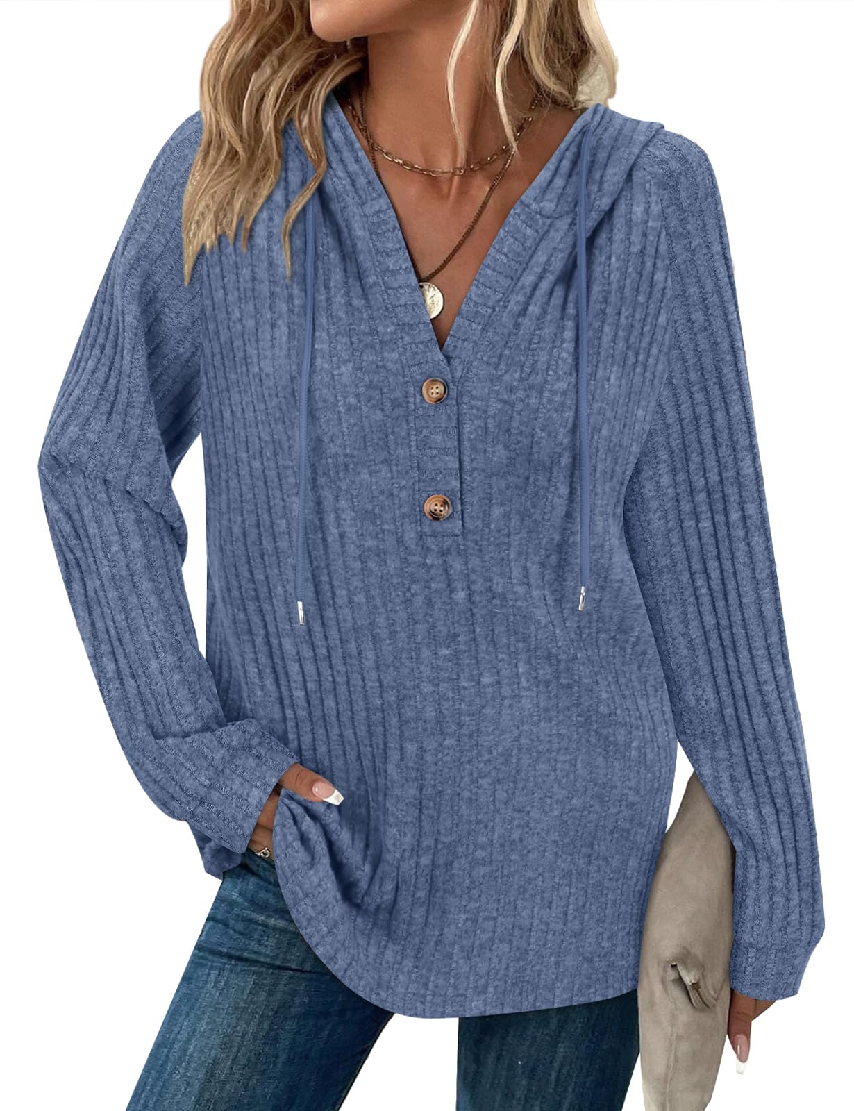 Syphiby Hoodies for Women Long Sleeve Tops Drawstring Button V Neck Casual Pullover Sweatshirt Spring Autumn Winter Tunic Clothes
