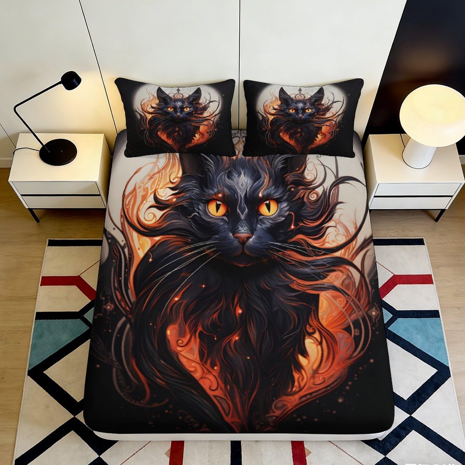 Pnayamiorkfel Style-9 3D Printed Fire Cat Fitted Sheet Microfiber Black Orange Artistic Bed Cover For Bedroom Dorm Mattress Decor 90X200x25cm