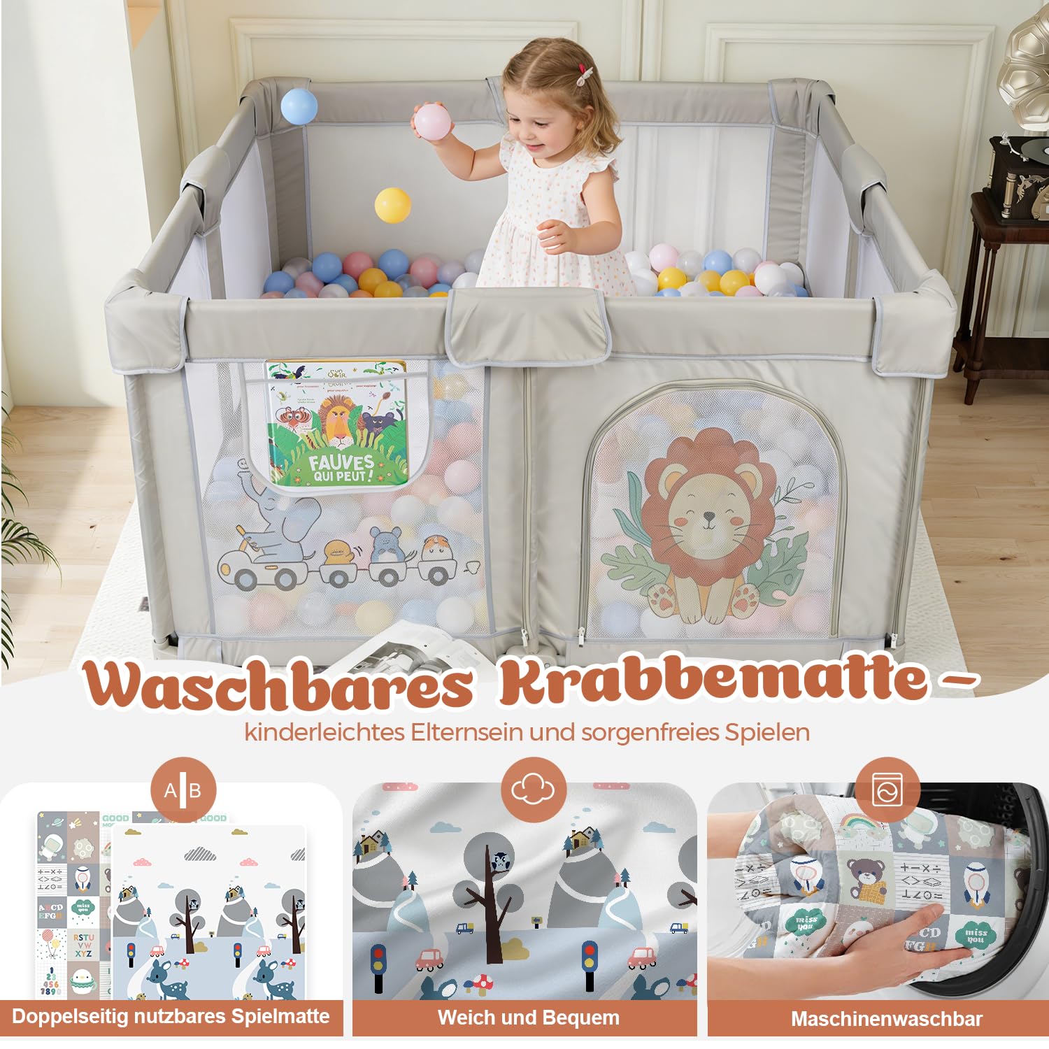 Laufstall Baby Faltbar mit Matratze, Laufgitter 360° Atmungsaktivem Netz | 300D Oxford, Sicher Spielplatz für Kinder, Innen/Außenbereich, mit Tasche, 50 Bälle, 4 Zugri (Löwe, 150 x 150 x 70 cm)