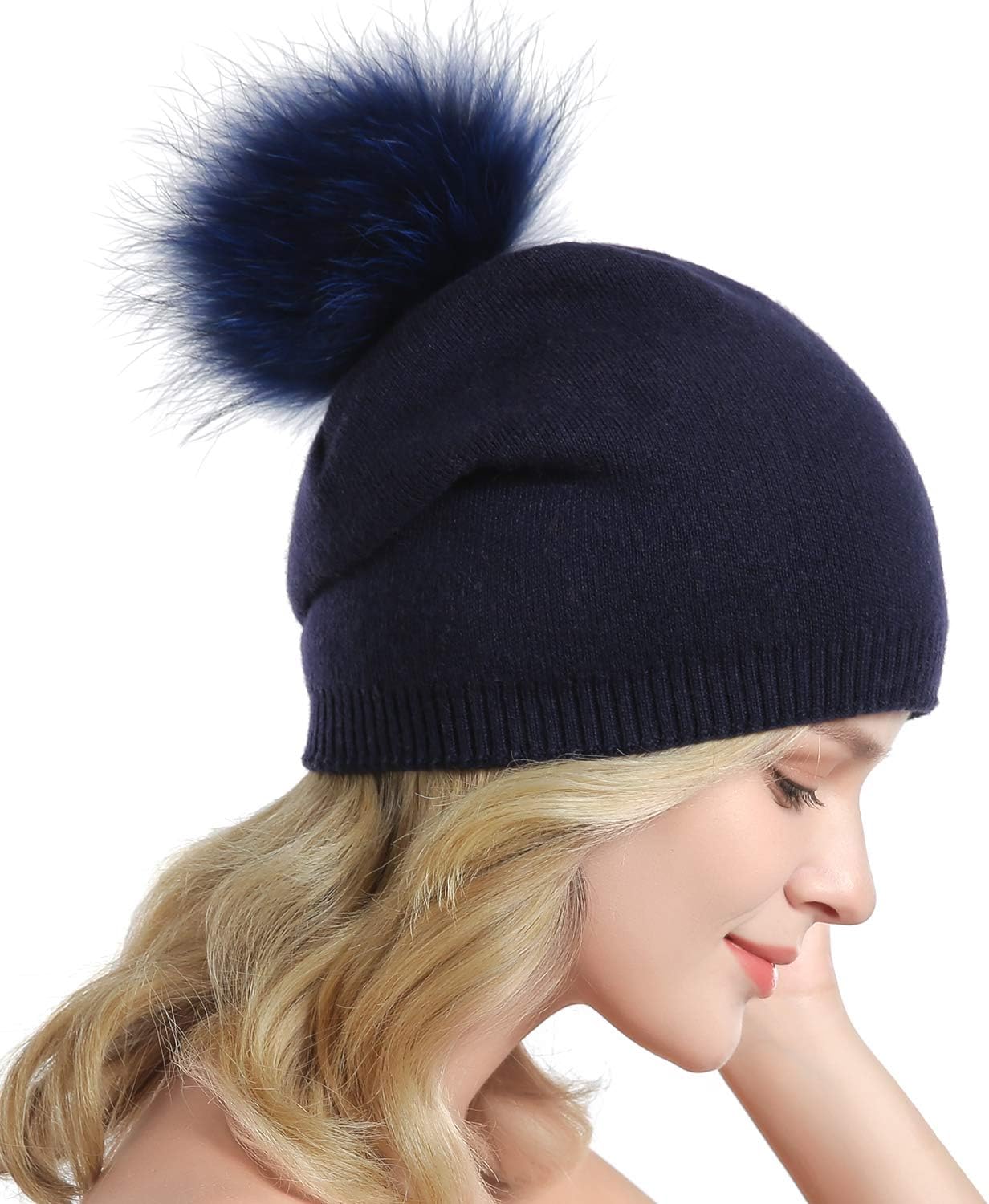 Women Knit Wool Beanie - Winter Fashion Solid Wool Hats Real Removable Raccoon Fur Pom Pom Warm Ski Beanie - Image 3