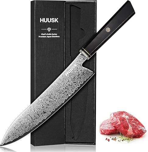 Huusk Damascus Chef Knife 8 Inch, 67-Layers Damascus Kitchen Knives with Ergonom