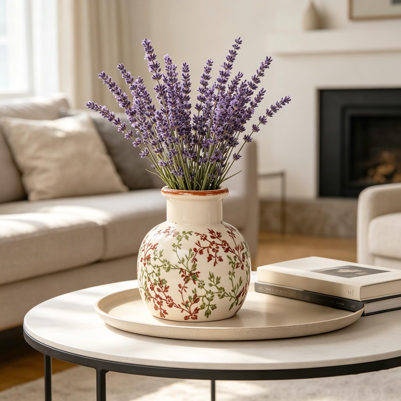 Jarrón de cerámica en estilo rústico francés, patrón de grietas de hielo antiguo con motivo de plantas pintado a mano, jarrón decorativo estilo Boho para mesa de boda, oficina y dormitorio