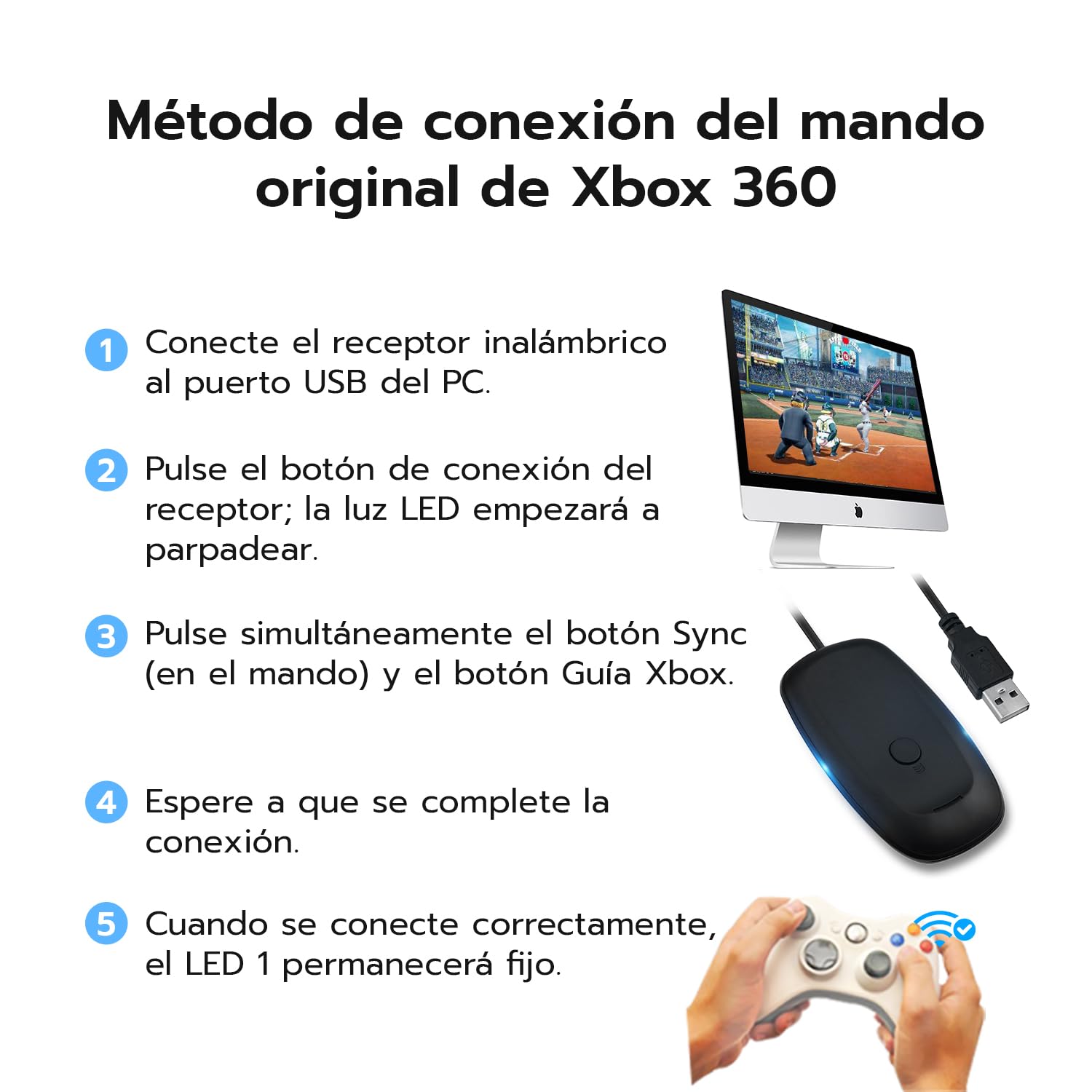 Mcbazel Adaptador de Receptor inalámbrico inalámbrico USB 2.0 para Microsoft Xbox 360 Desktop Pc Laptop Gaming,Receptor Xbox 360 - Negro