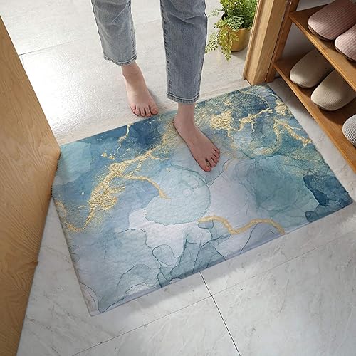 Miniatura 1 de Alfombra de baño de 16 x 24 pulgadas absorbente lanuda alfombra de baño abstracta de mármol con textura de piedra diseño de tinta azul dorada