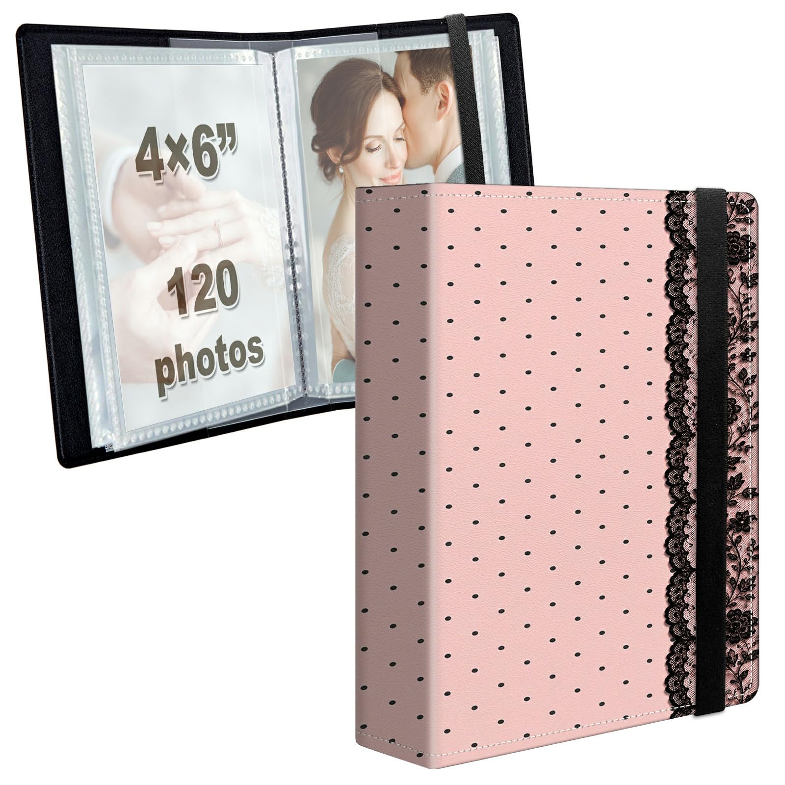 Photo Album 4x6 120 Photos with Strong Elastic Band, Pink Lace Dots