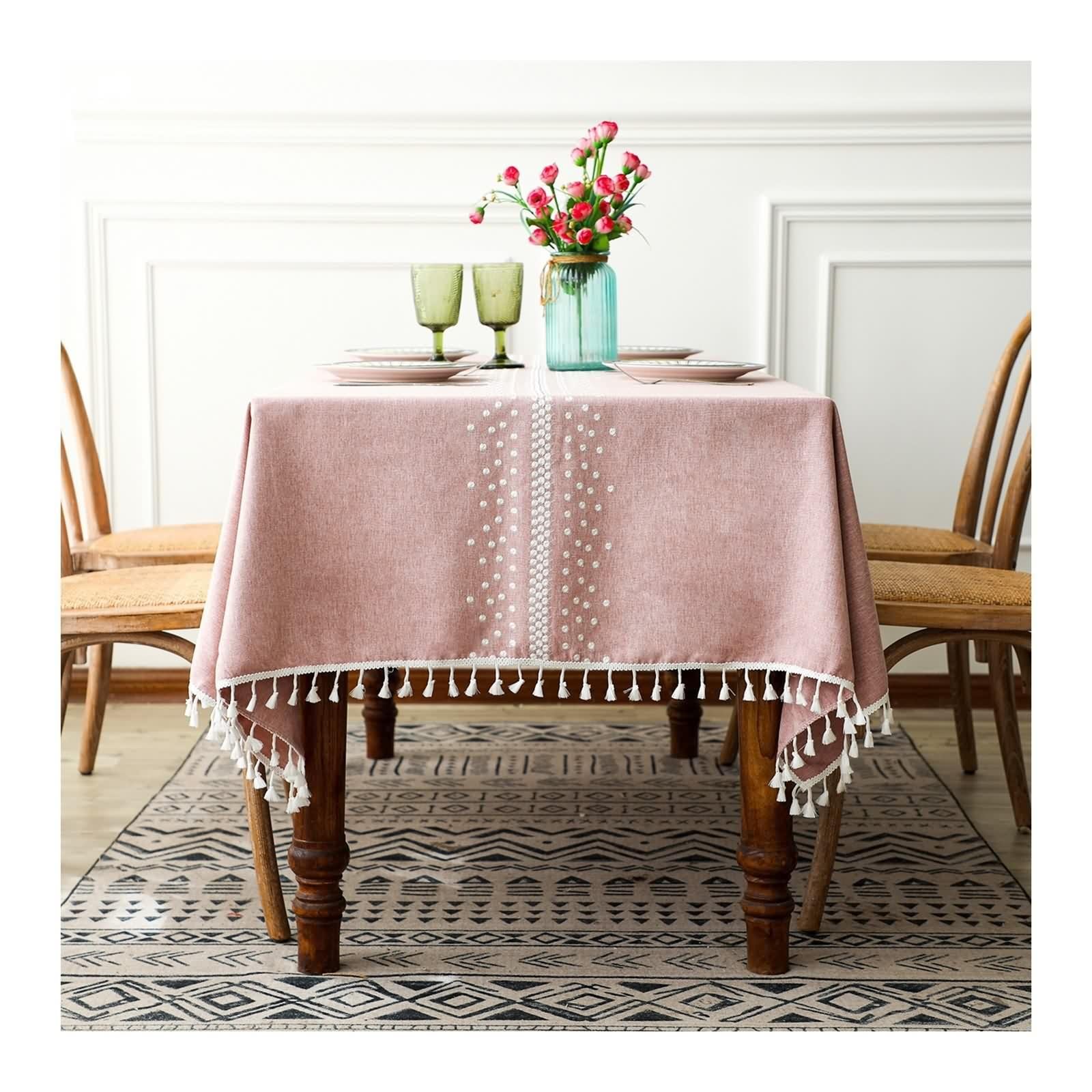 Tovaglia Bianca 140X240, Tovaglia Poliestere Punto con Nappa Copritavolo per Soggiorno Cucina
