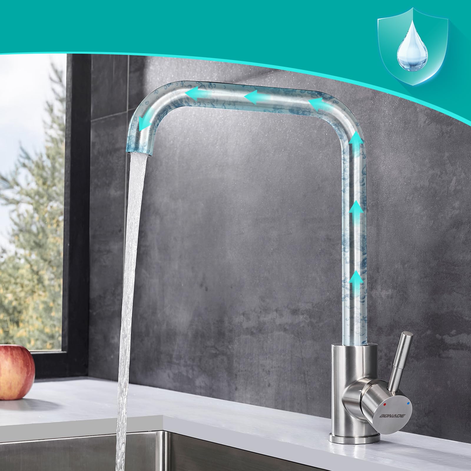 BONADE Grifo mezclador de acero inoxidable SUS304 de alta presión, giratorio 360°, grifo monomando apto para fregadero de cocina, cepillado