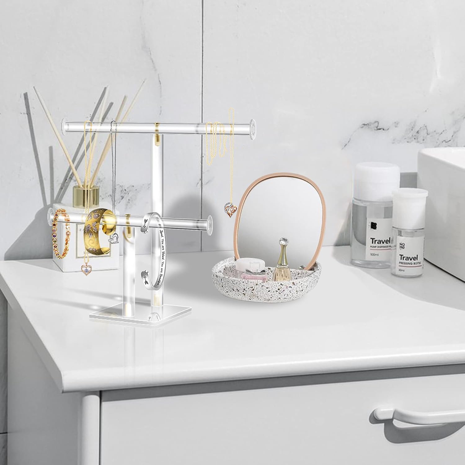 Acrylic Jewelry Display,Clear Acrylic Round Bracelet Display Holder Organizer Jewelry Holde Organizer Tree Stand, 2 Tier Jewelry Display Necklace Holder Stand (2-Bar) - Image 2