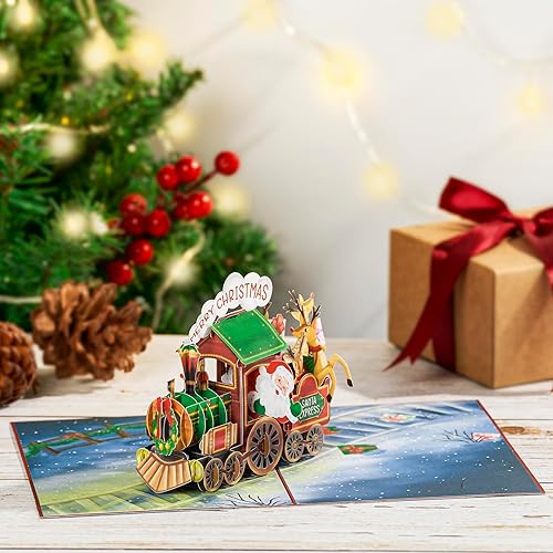 Miniatura 4 de POPWOW Tarjeta desplegable de trineo de Papá Noel, trineo rojo, reno, feliz Navidad, regalos de Navidad, Papá Noel, nieve, tren, tarjeta de