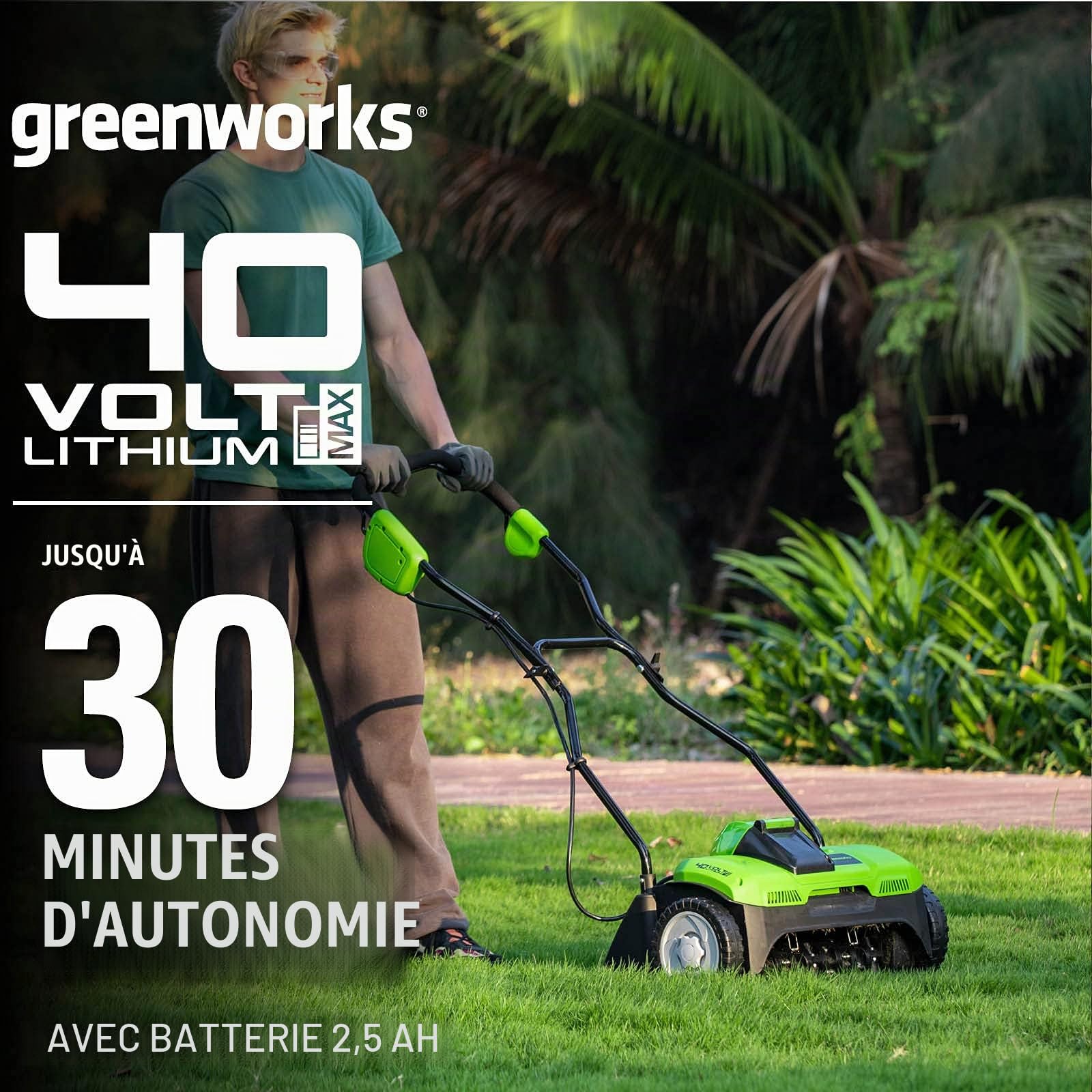 Greenworks 40V Scarificateur électriques Aérateur à Gazon Sans Fil, Émousseur, 3600 tr/min, Largeur de Travail 36 cm, Bac de Ramassage 30 L avec Batterie 2,5 ah et un Chargeur G40DT35K25