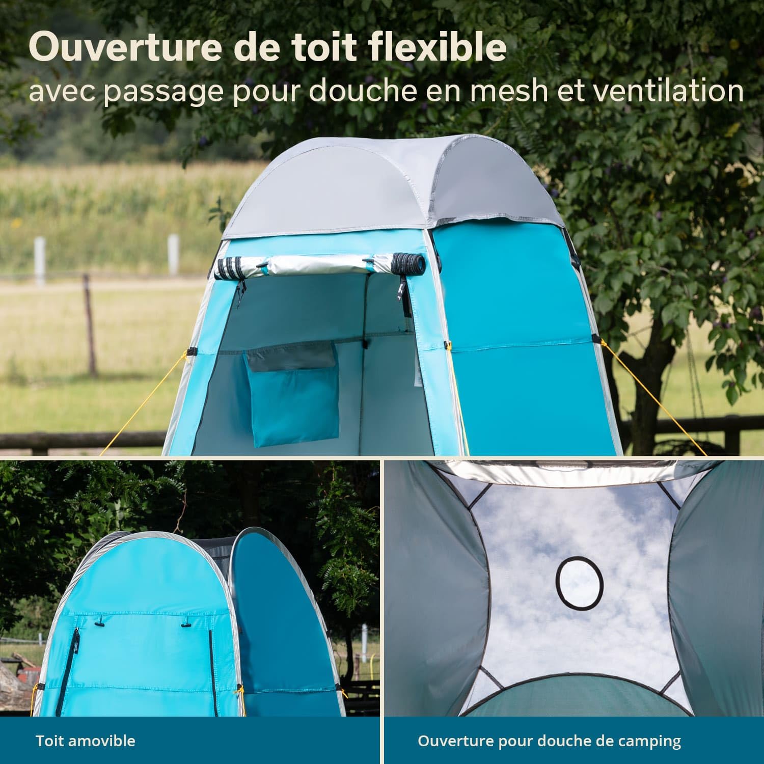 Skandika Tente de douche pop-up de camping - 210 cm - Revêtement argenté - Opaque - Sol séparé - Fenêtre recouvrable - Moustiquaire - Fixation pour douche
