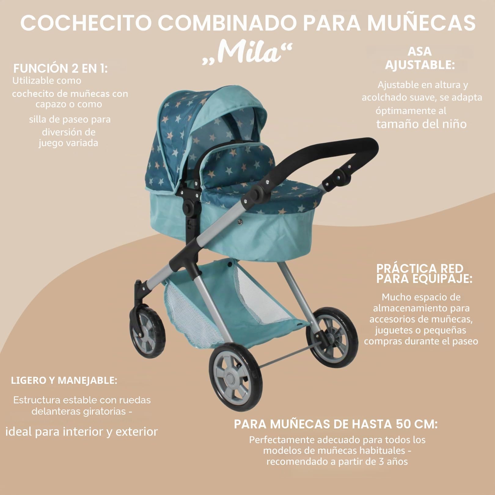 Bayer Chic 2000 Cochecito de Muñecas 2en1 Mila | Capazo y Silla Reversible | Cochecito de muñecas premium 2en1 con manillar ajustable y ruedas giratorias. Máxima durabilidad para niños.
