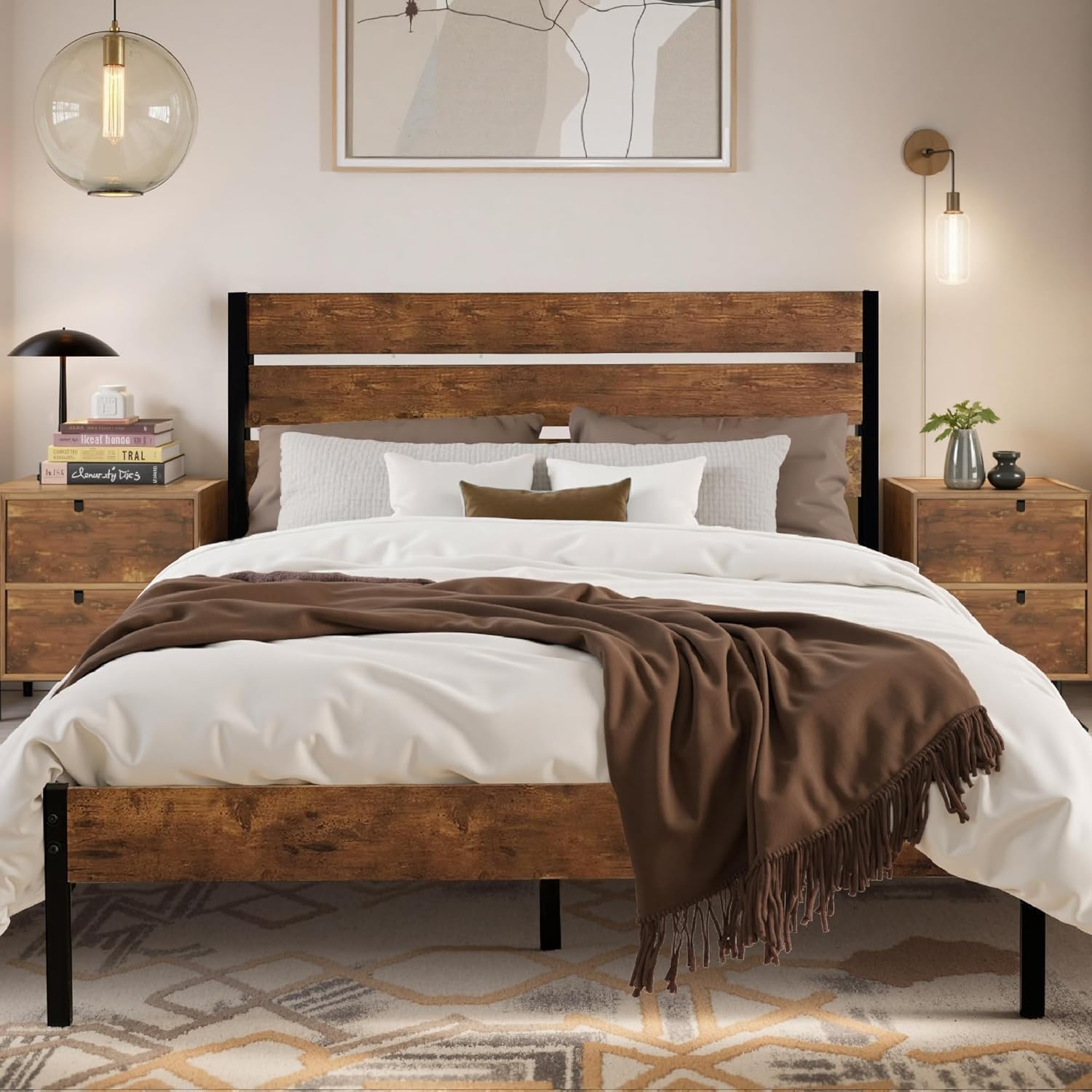 VECELO Bettgestell 140 x 200 cm Metallbett mit Dick Holzkopfteil, Bett Bettrahmen Doppelbett mit Lattenrost, Jugendbett Gästebett, Viel Stauraum unter dem Bett, perfekt für Schlafzimmer, Braun