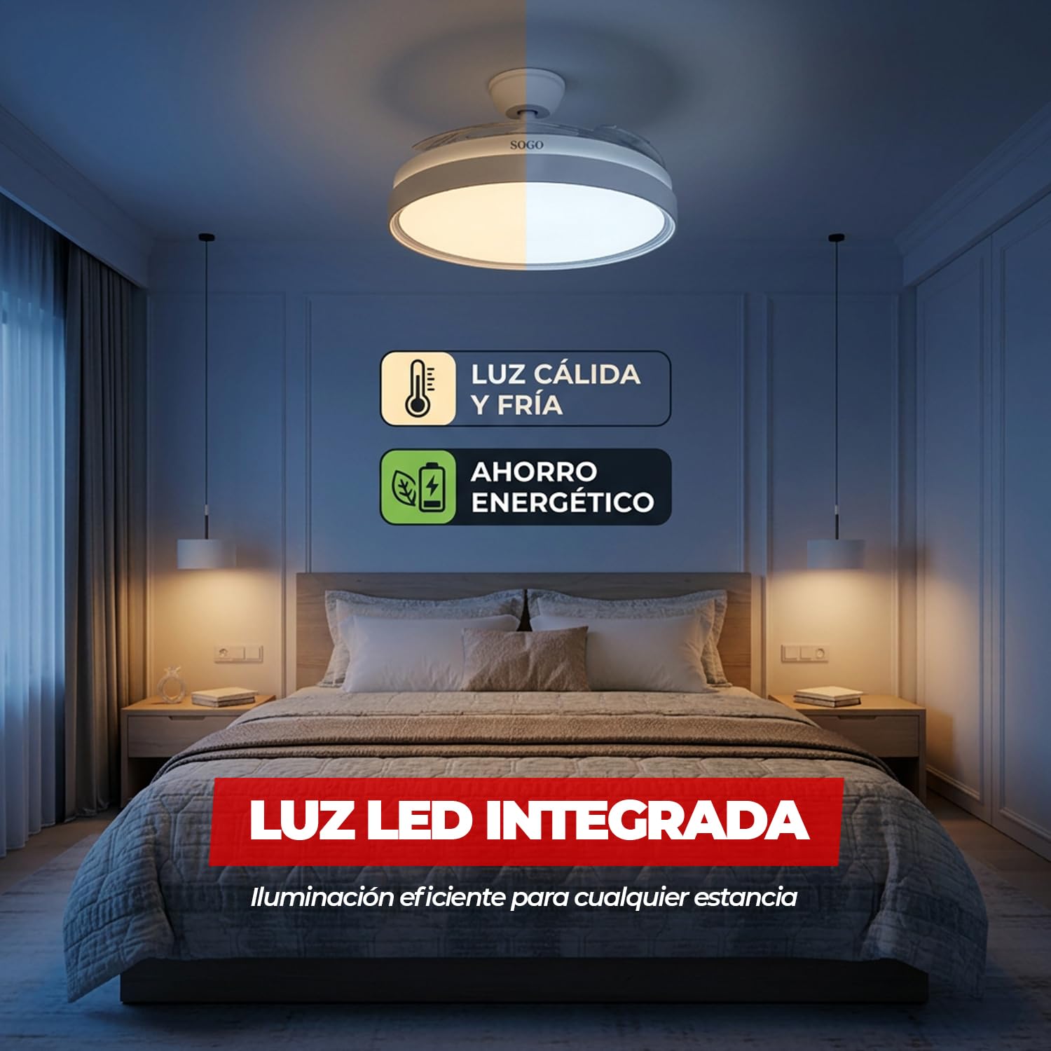 SOGO Ventilador Techo Plegable con Luz LED Regulable y Motor Silencioso - Ventilador Techo con Mando a Distancia y Temporizador Reversible - Ventilador Techo Aspas Retráctiles Madera Bajo Consumo