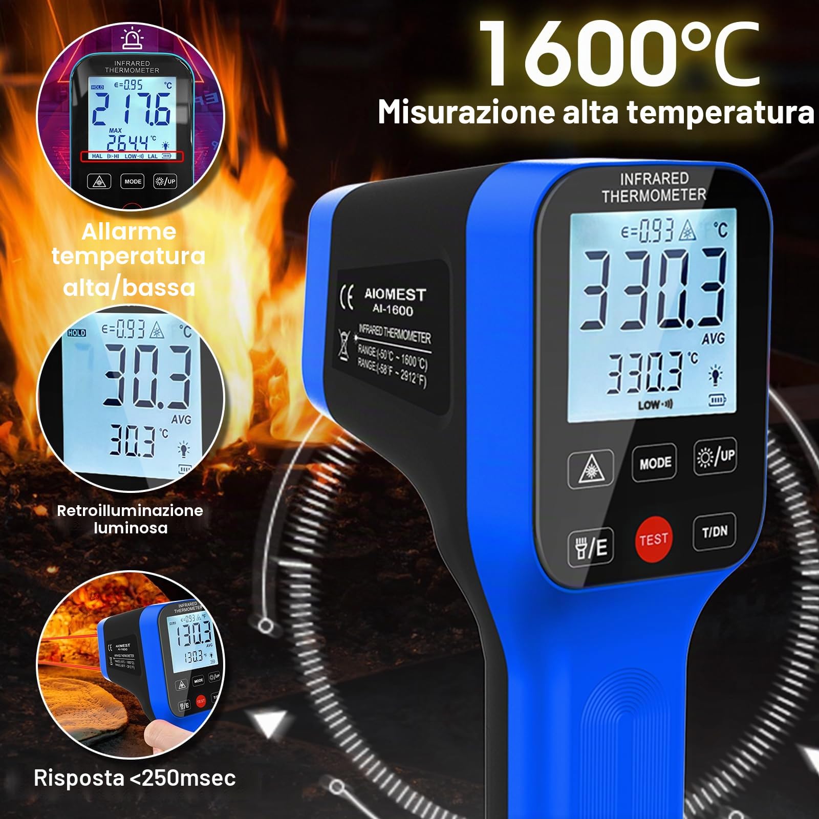 AIOMEST -50℃~1600℃ Termometro a Infrarossi Termometro D:S=30:1 Doppio Misuratore di Temperatura IR Industriale a Laser, Termómetro Ricaricabile AI-1600 (NON per la temperatura umana)