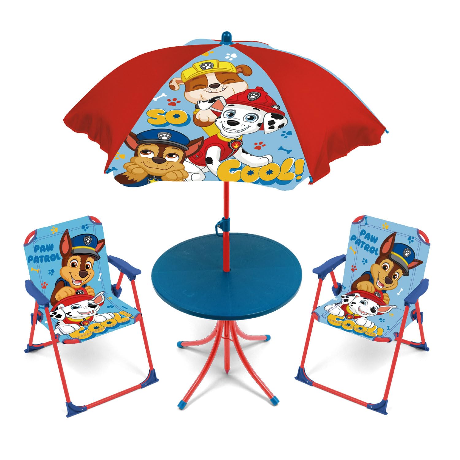 ARDITEX PW16153 Set de Mesa (50x50x48cm), 2 Sillas (38x32x53cm) y Sombrilla (diámetro 110cm) de Nickelodeon-Patrulla Canina