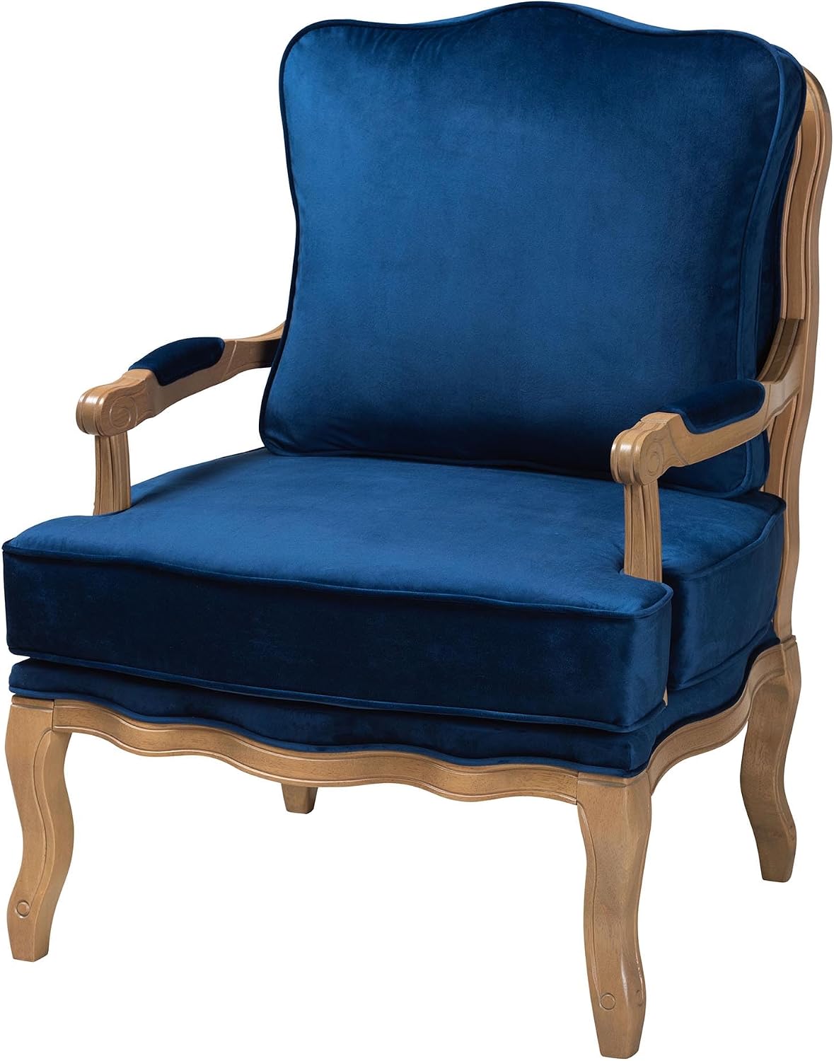 Baxton Studio Jules Traditional Navy Blue Fabric and French Oak Brown Finished Wood Accent Chair