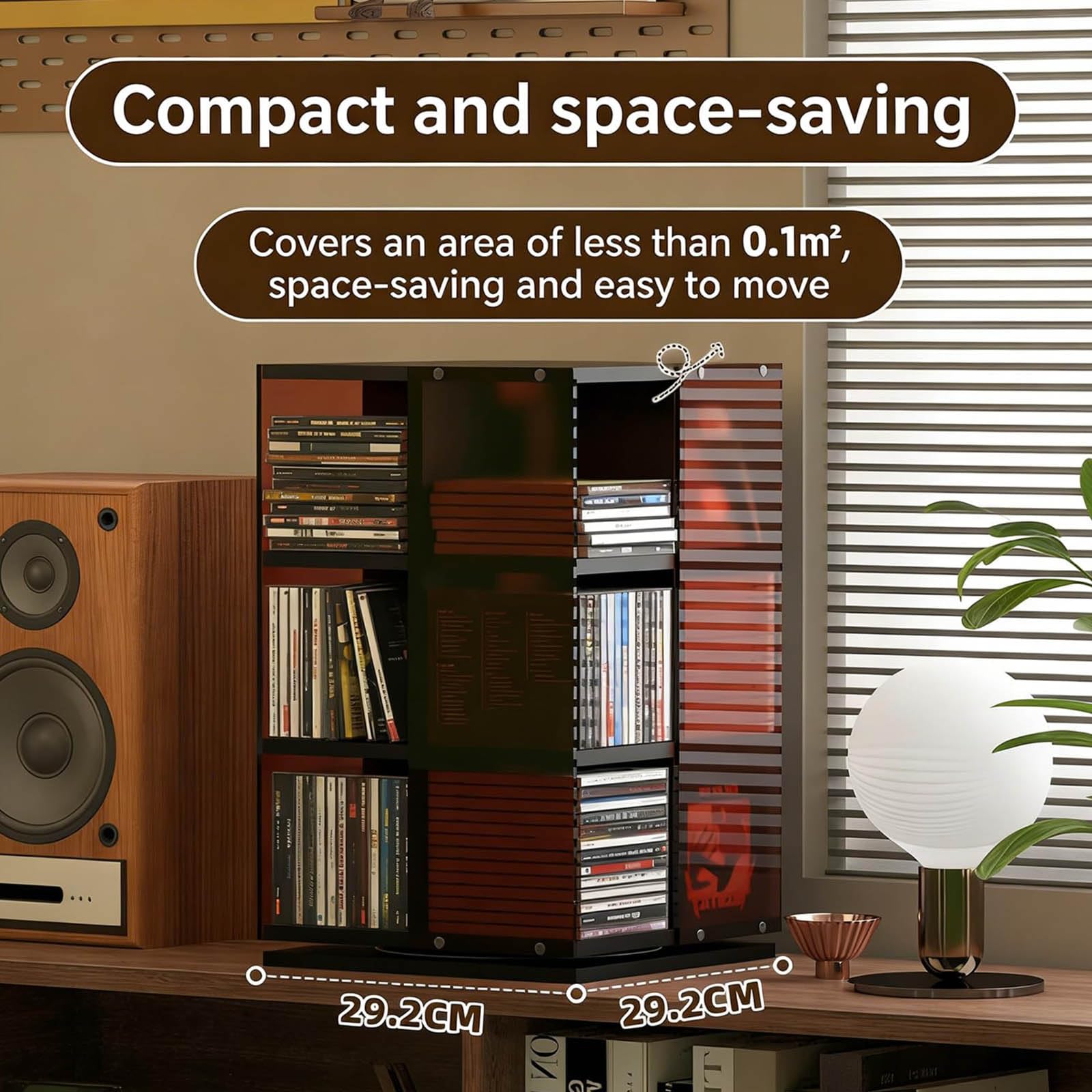 Porta CD Tower – Supporto girevole per DVD, design a 360°, contenitore aperto su 4 lati, contiene 120 CD, ideale per soggiorno e casa, finitura con venature del legno