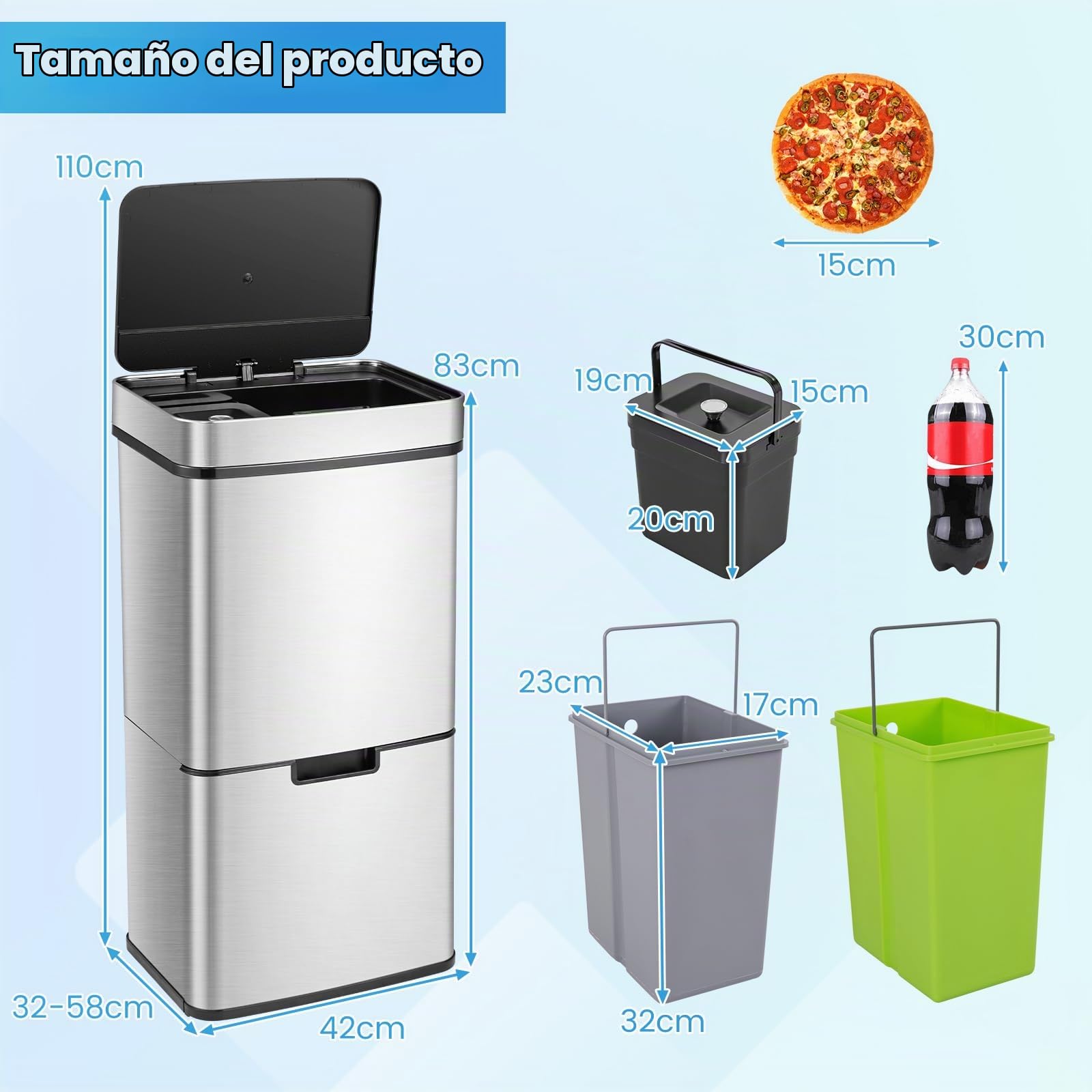 GIANTEX Cubo de Basura de Acero Inoxidable de 72 L, Bote de Basura con Sensor de Movimiento con Tapa de Cierre Suave, Cubos Interior Extraíbles, Clasificación de Basuras, para Cocina