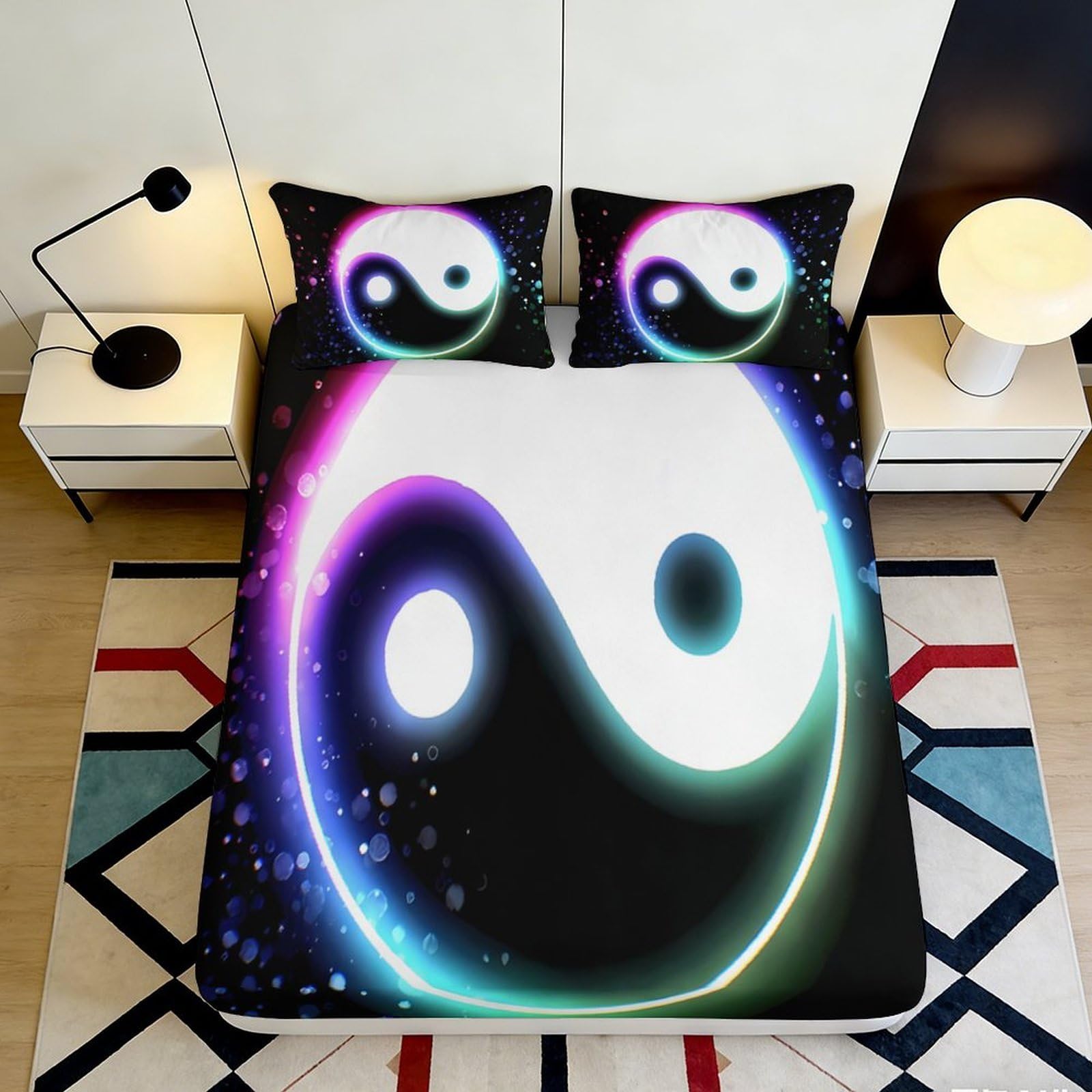 3D Printed Yin Yang Fitted Sheet Microfiber Non-Slip Deep Pocket Yin Yang Mattress Fitted Cover for Bedroom Bedding 200x200x25cm 90x200x25cm