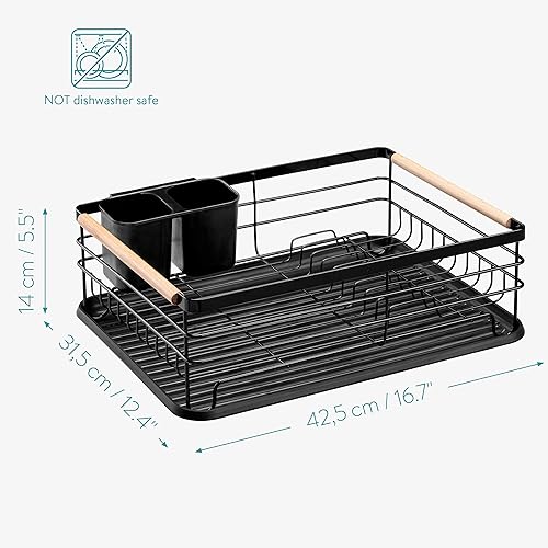 Miniatura 4 de Navaris Dish Drainer Rack - Plate, Silverware, Pots and Pans Drying Rack for Kitchen with Beechwood Handles - Modern Retro Design Drip Tray - Black