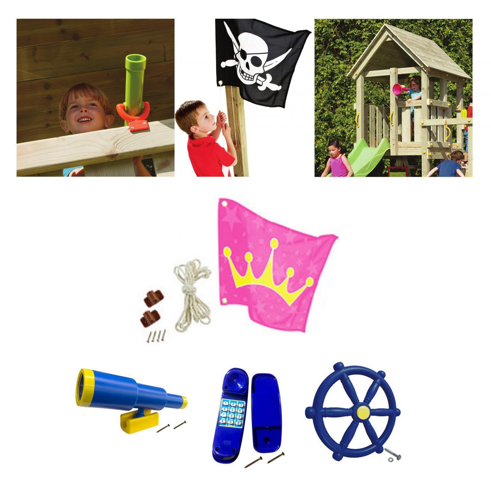 Spielplatzzubehör für Kinder, Outdoor Spaß im Garten: Piratenschiff Spielset mit Teleskop, Schaukel, Rad und Spielzone. Das Piratenschiff Spielset