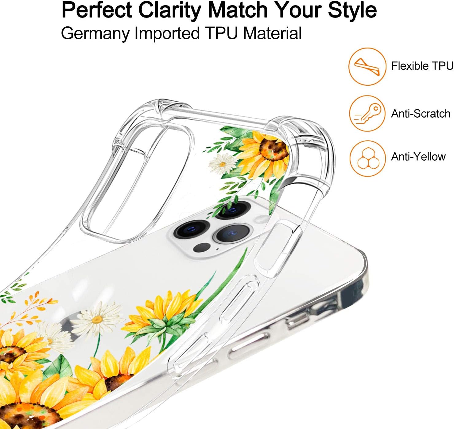 Hepix Compatible with iPhone 12 Pro Max Cases Sunflowers Clear Flower iPhone Case, Flexible Soft TPU Protective iPhone Cover with 4 Reinforced Bumpers Camera Protection for iPhone 12 Pro Max 6.7"2020