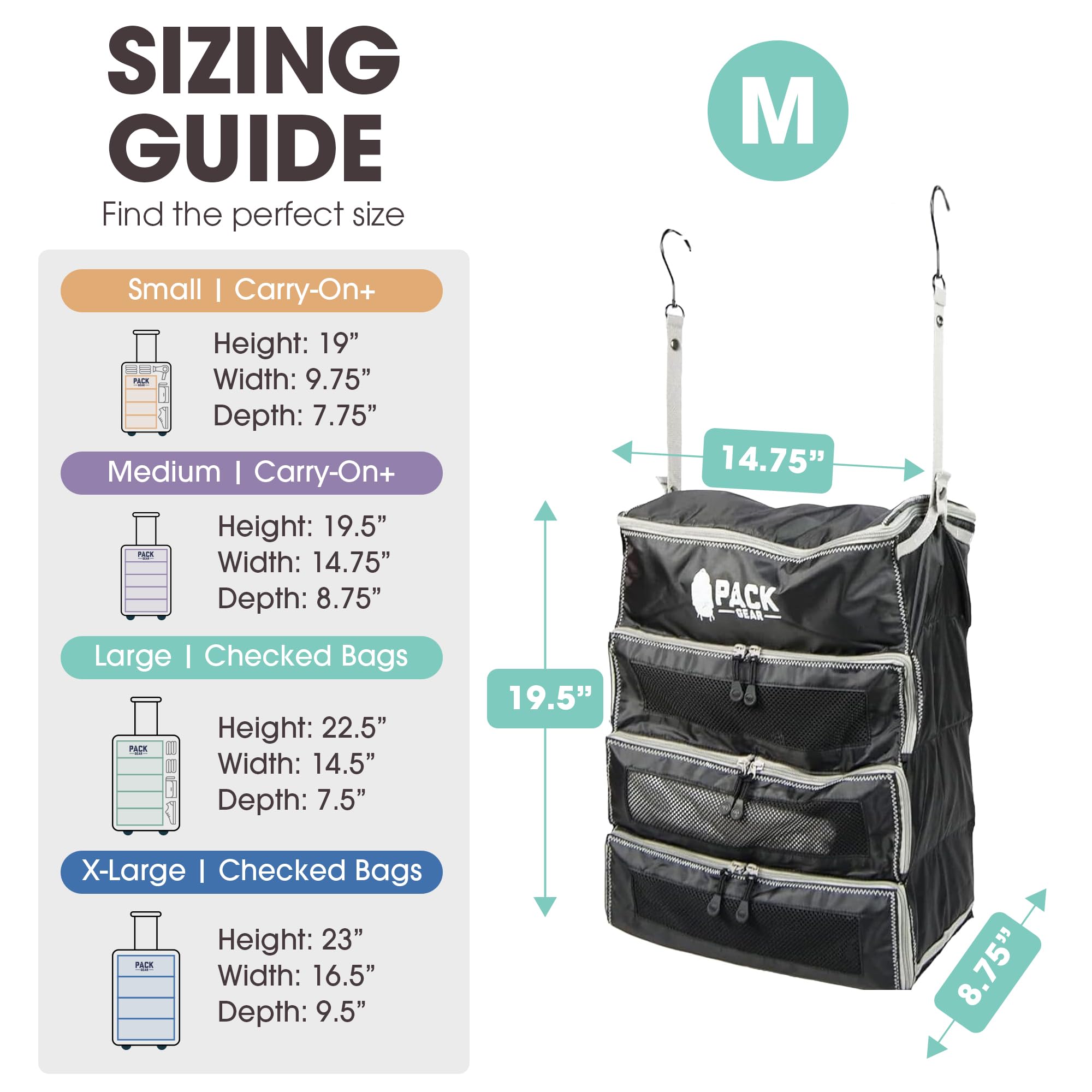 Pack Gear Wiszący organizer do bagażu podręcznego, dopasowany do każdej walizki kabinowej, kostki podróżne z siateczkowymi okienkami ułatwiającymi odnajdywanie ubrań, czarny, rozmiar M