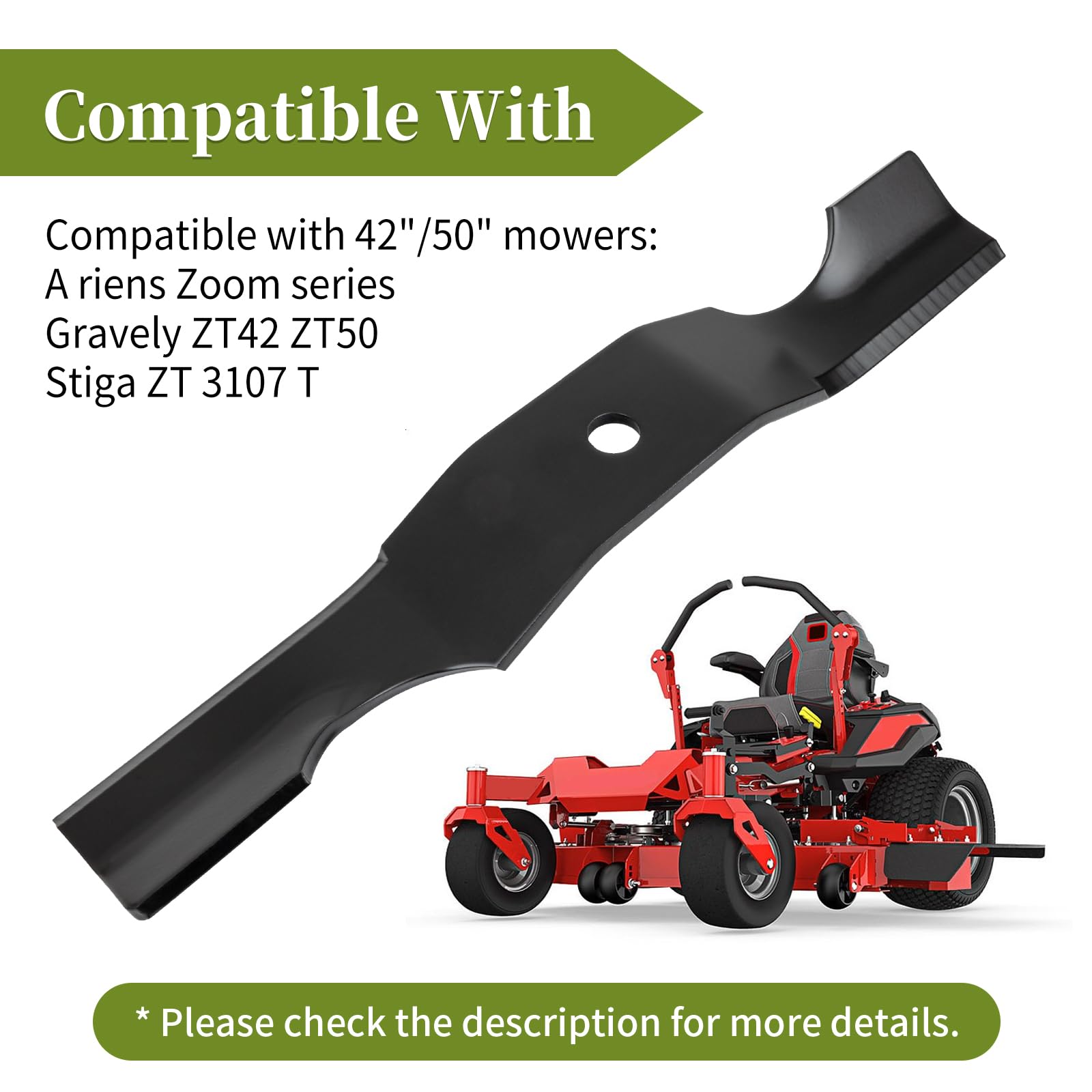04265400 - Cuchillas de cortacésped compatibles con cubiertas de cortacésped Gravely ZT de 42 pulgadas de giro cero, hoja de cortacésped de alta elevación con muescas para cortacésped Gravely ZT42 A