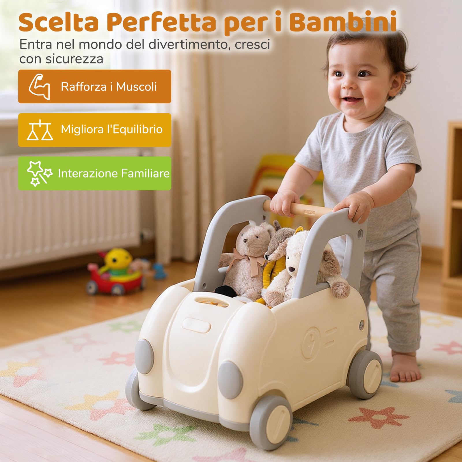 COSTWAY Girello Primi Passi Bambini, Carrello a Spinta con Contenitore