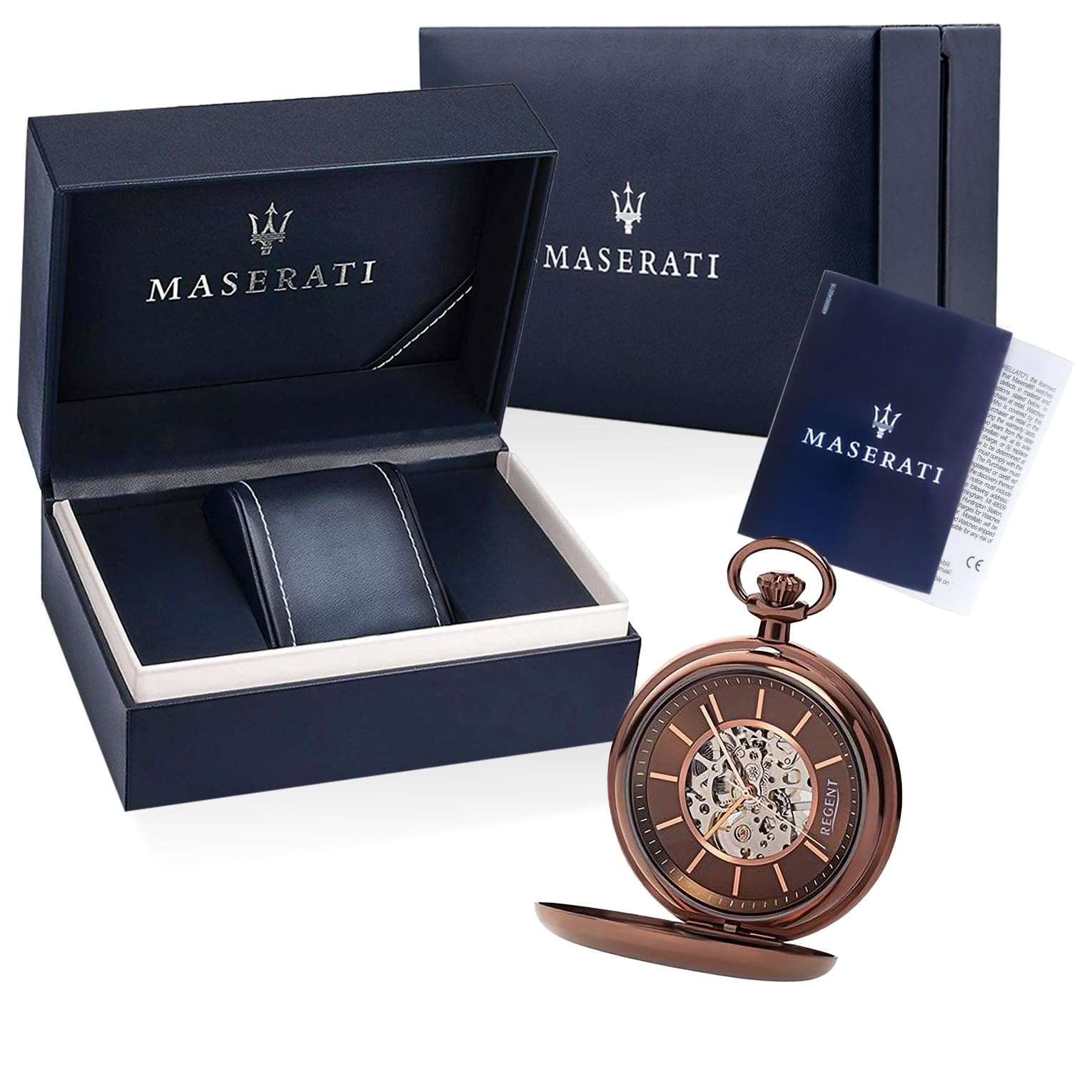 REGENT Herren Taschenuhr mit mechanischem Handaufzugswerk Glasboden mit Sicht auf das Skelett Uhrwerk mit Edelstahl Klappdeckel