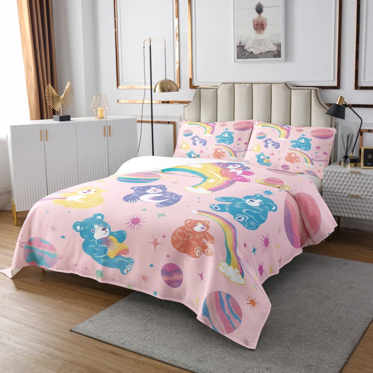 Castle Fairy Lovely Bear Bedspread for Kids Boys,Watercolor Animal Stars Galaxy Coverlet Set Bedroom Decor Soft Quilted,Rainbow Planets Print Pink Quilt Set with 1 Pillow Sham, Twin Size