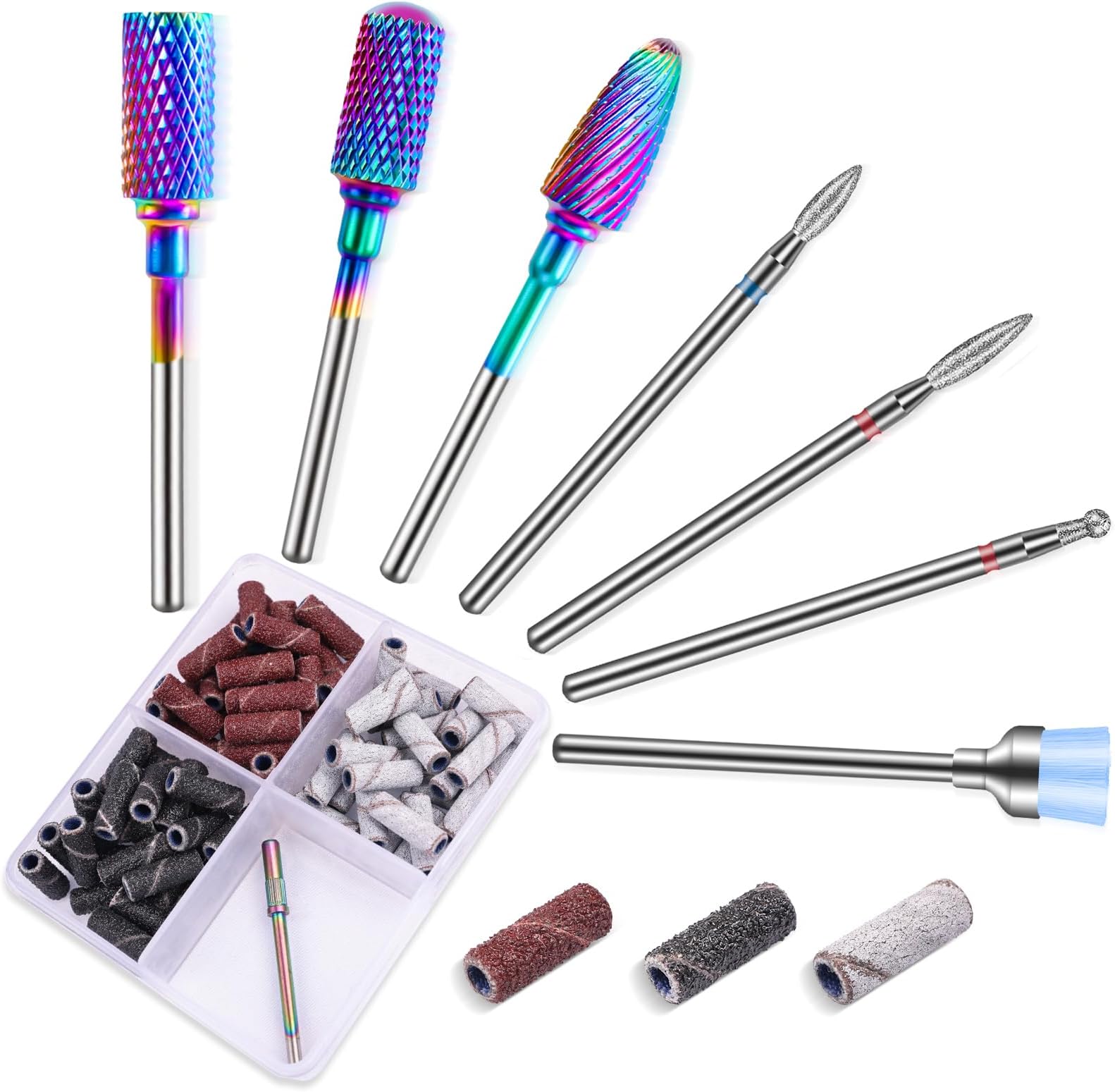 Carbide Nail Drill Bits Set: 7Pcs 3/32'' Tungsten Diamond Efile Bits with 75pcs Small Sanding Bands (#80#120#180) for Acrylic Nails Tech Gel Cuticle Remove Manicure Pedicure