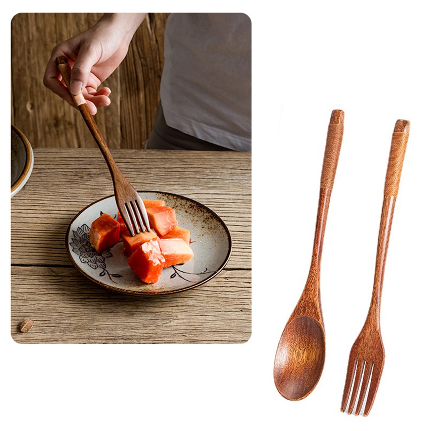 8 Pezzi Posate In Legno Stile Giapponese - Cucchiai E Forchette Con Manico Lungo, Per Campeggio E Casa - Foto 12