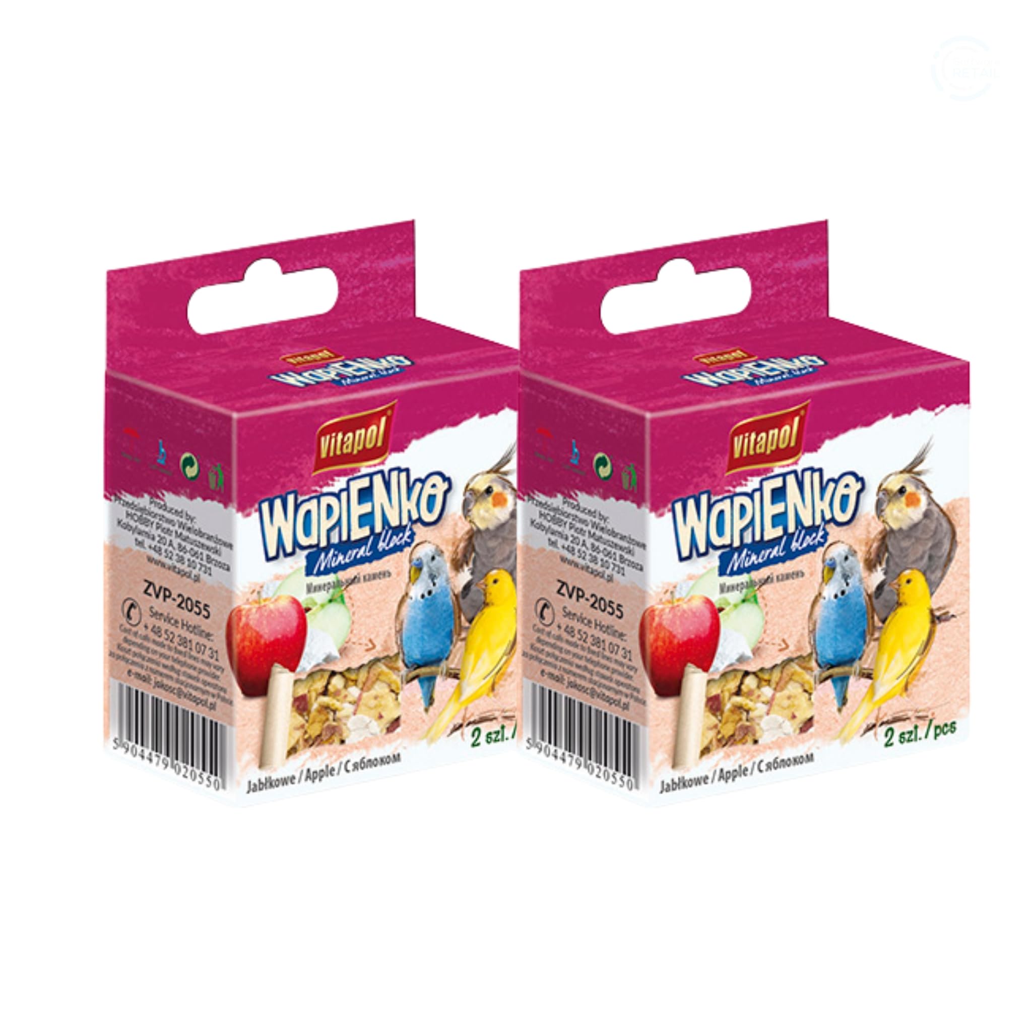 Vitapol Wapienko Bird Calcium Block, Natural Supplement for Beak Health & Eggshell Strength, Twin Pack, Hanging Mineral Block for Parrots, Budgies & Small Birds (12x, Apple, 210g)