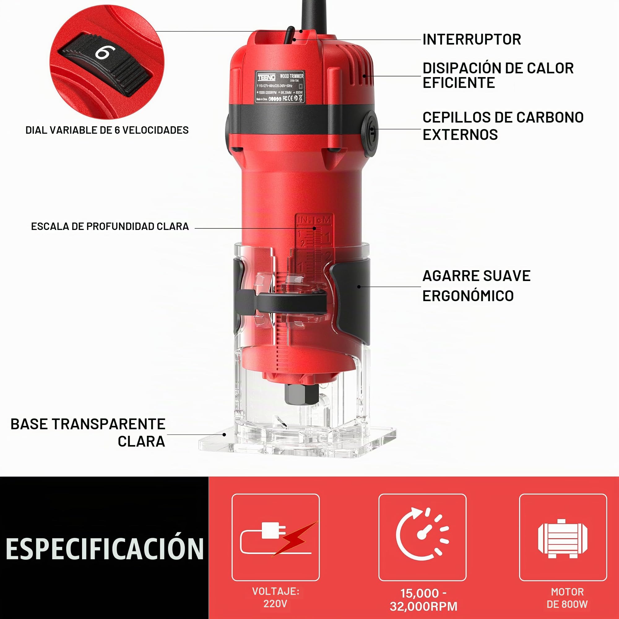 TEENO Fresadora De Madera Rebajadora Eléctrica 800W 15000-32000 RPM Con 32 accesorios, 6 Velocidades Variables, Pinza De Base Fija De 6/6.35 MM, 15 piezas 1/4'' Alicates, Estuche de Transporte