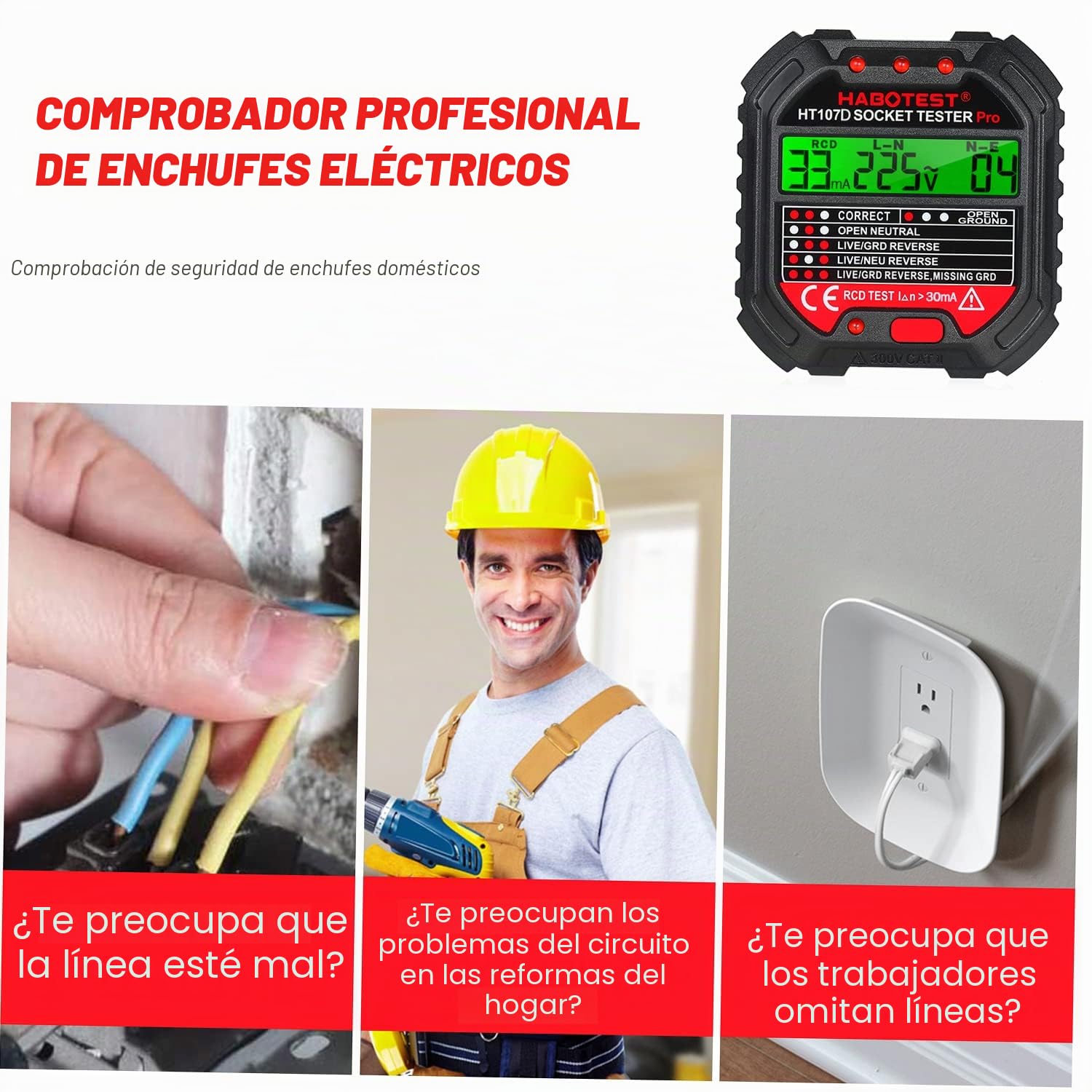 HABOTEST GFCI Outlet Tester with Voltage Display 90-250V Socket Tester Automatic Electric Circuit Polarity Detector de voltaje Breaker Finder HT107D