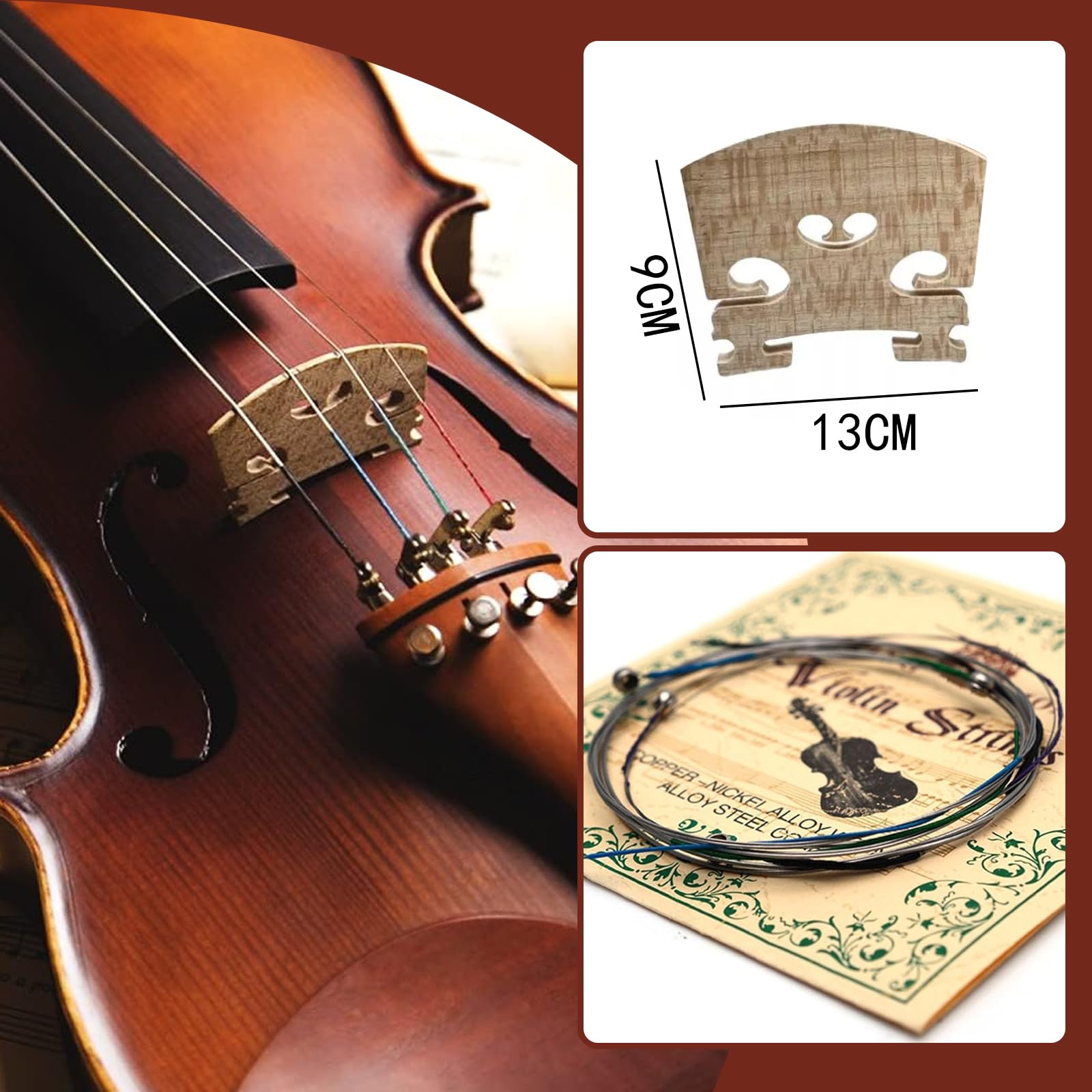 QGK Ensembles Cordes Violo (E-A-D-G) pour Violons 4/4, 3/4, 1/2, Avec Chevalet de Violon, cordes de violon universelles Jeu complet de cordes en acier à âme
